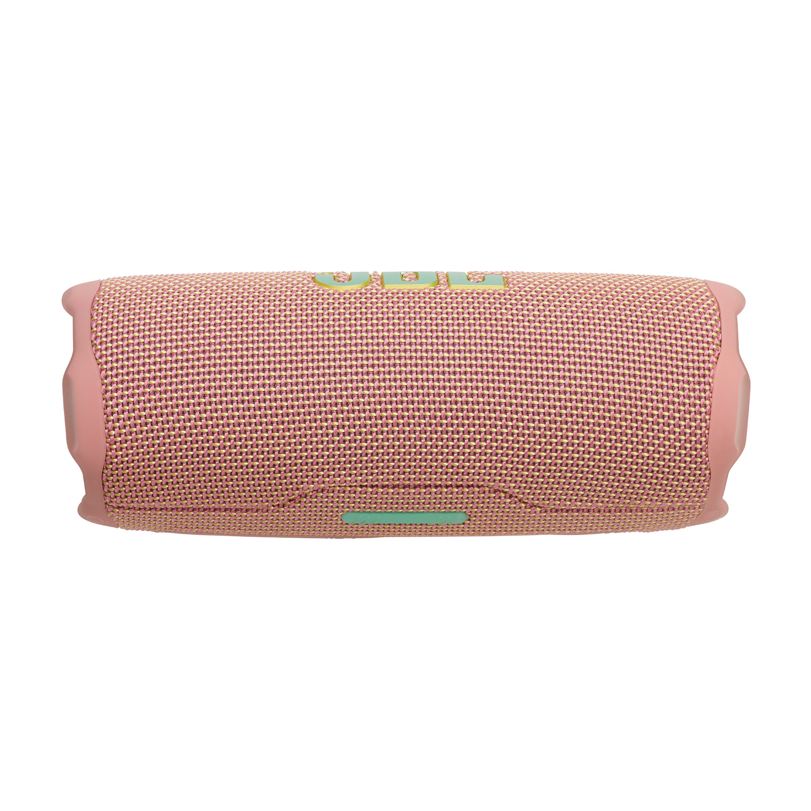 Ein pinkfarbener JBL Flip 6 Lautsprecher, Draufsicht, mit Bedienelementen und dem JBL-Logo.