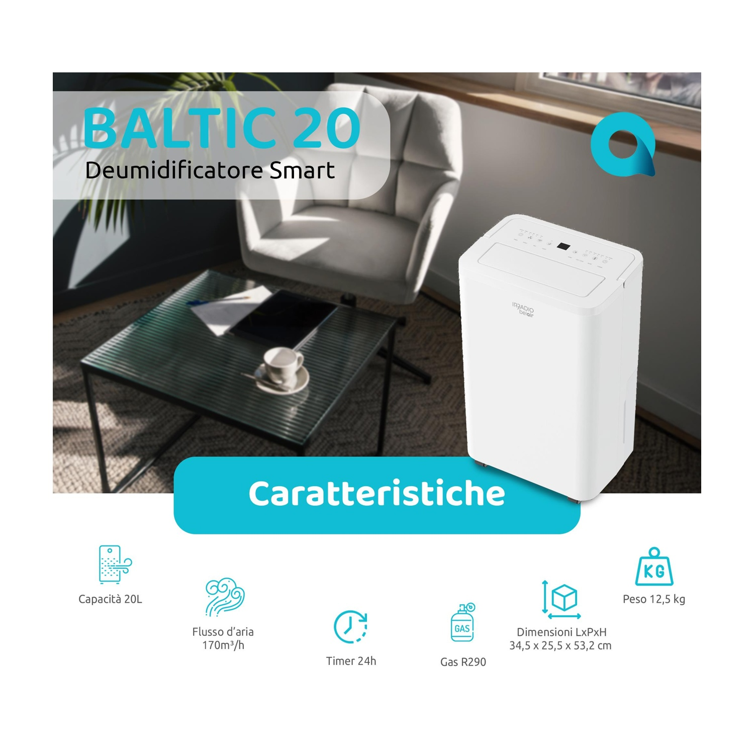 Deumidificatore IRADIO belair con testo. Unità bianca, tavolo nero, sedia grigia. Testo in italiano.