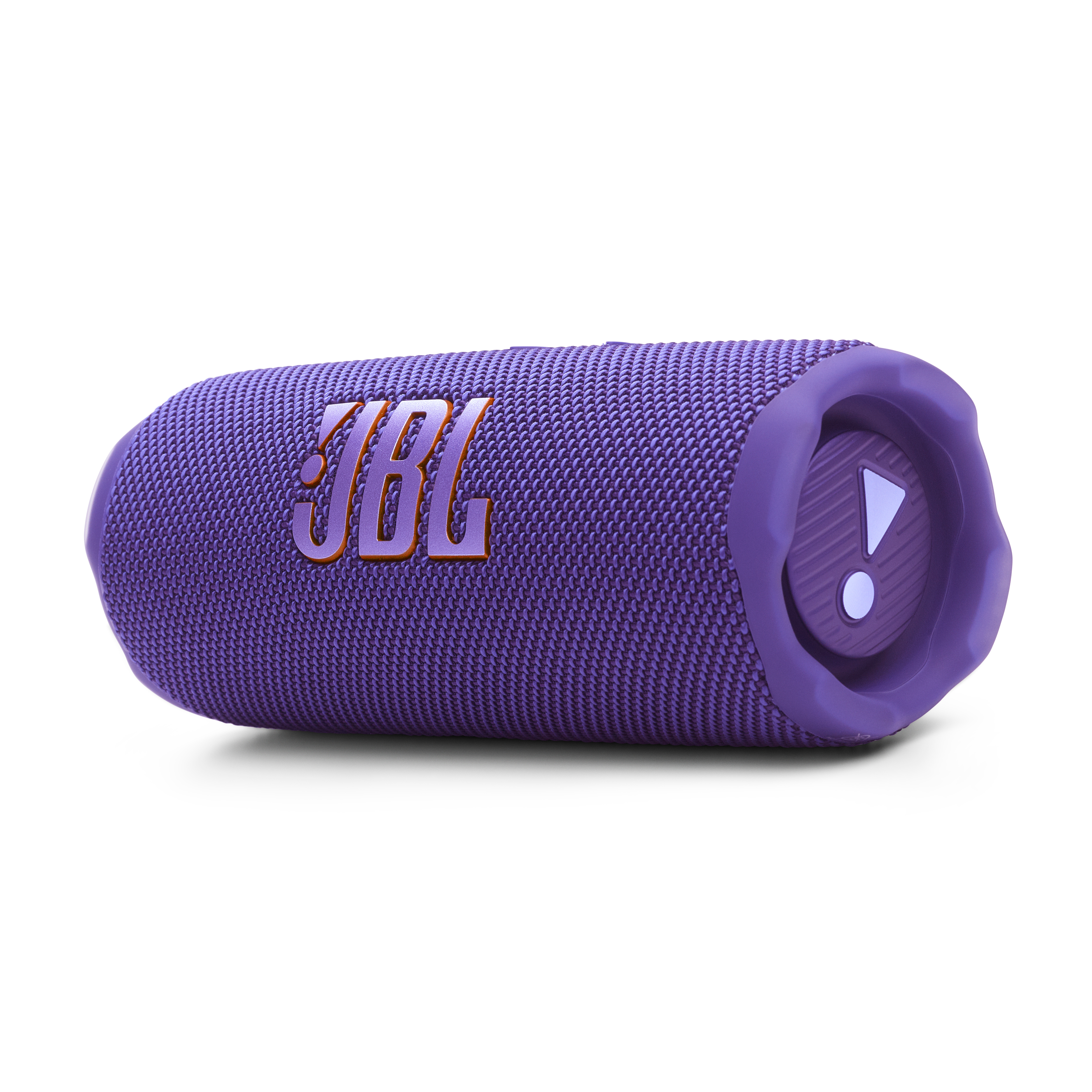 Altoparlante viola JBL Flip 7. Vista orizzontale. Isolato su sfondo bianco.
