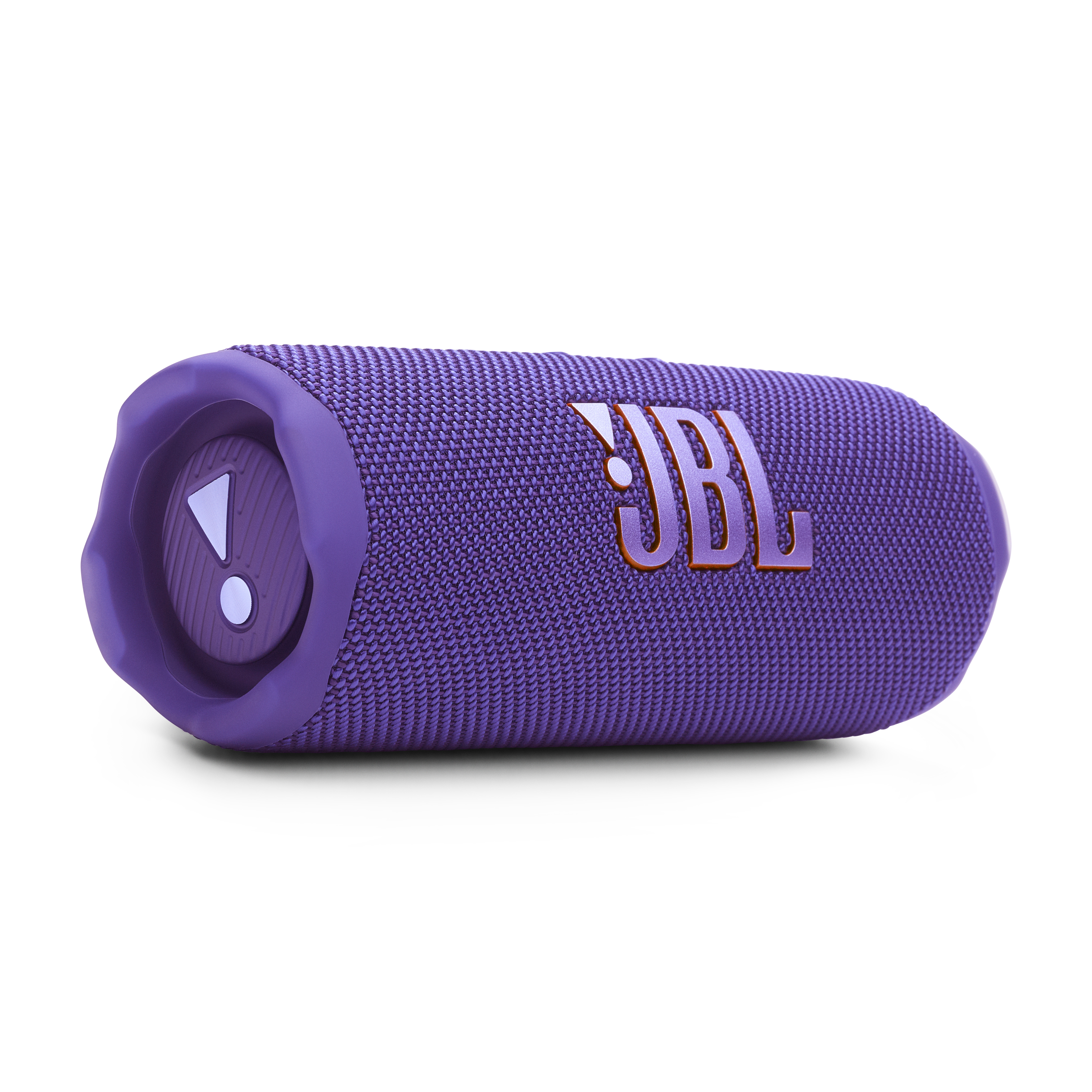Altoparlante viola JBL Flip 7. Primo piano, vista orizzontale. Sfondo bianco.