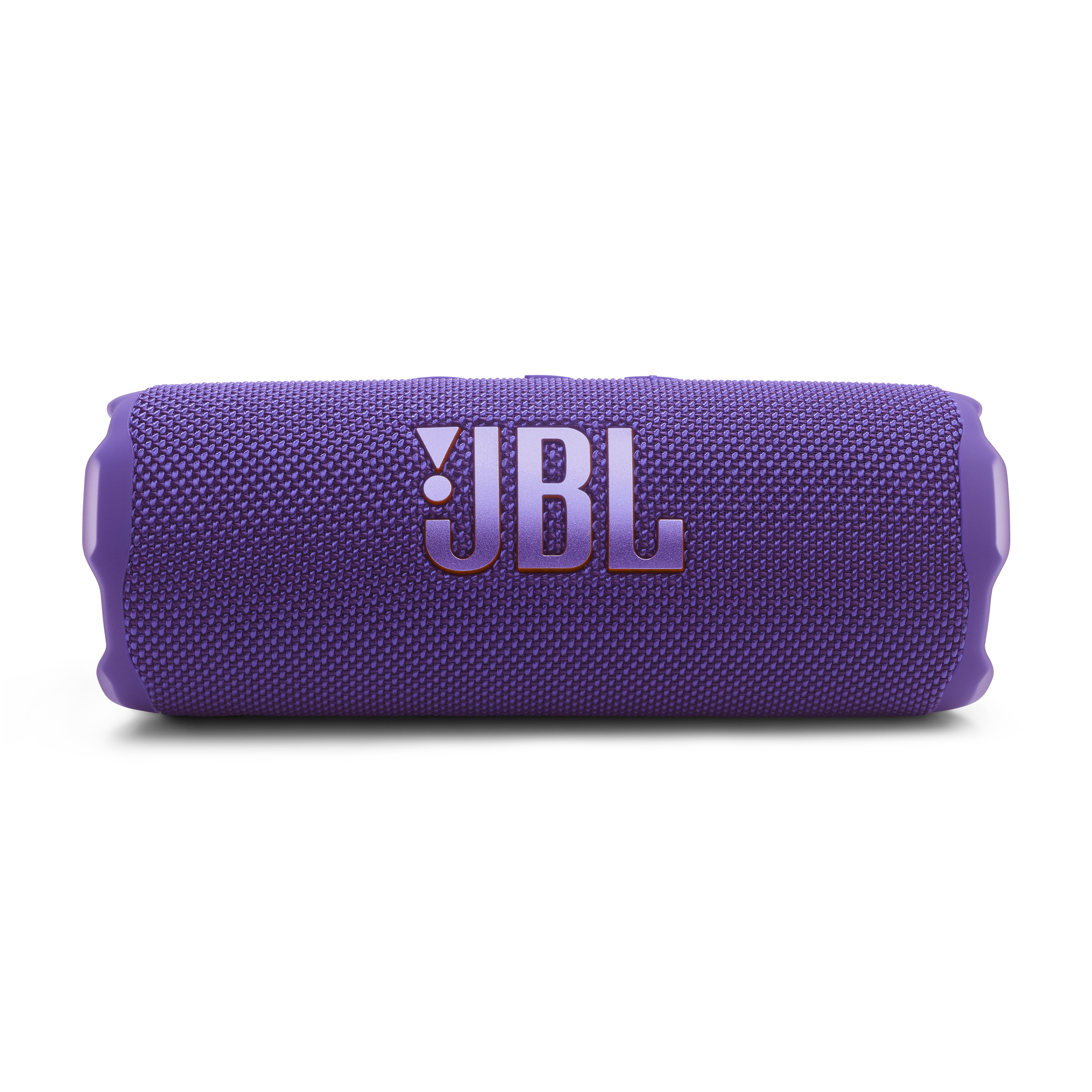 Altoparlante viola JBL Flip 7. Vista orizzontale. Isolato su sfondo bianco.
