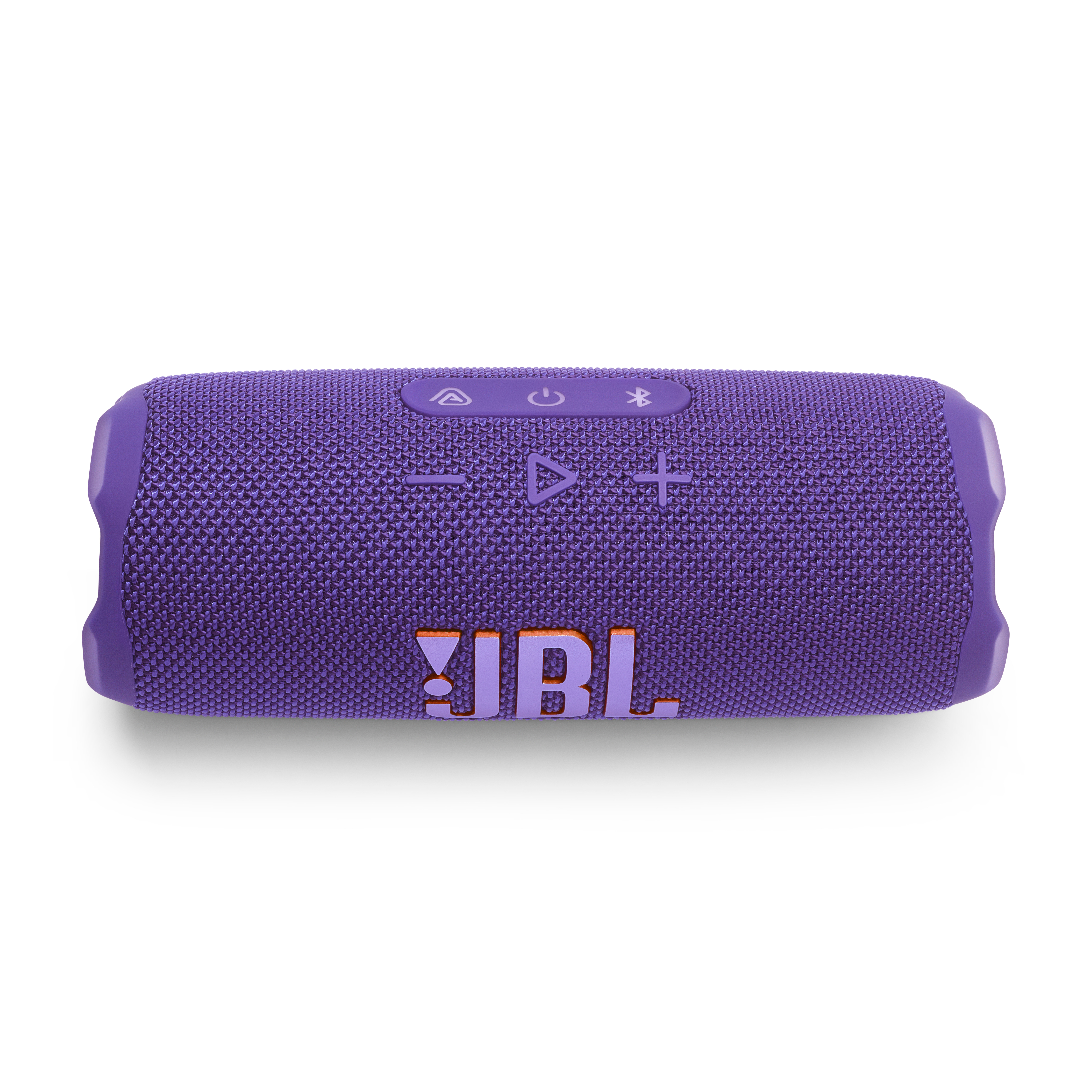 Altoparlante viola JBL Flip 7. Vista dall'alto, con pulsanti. Isolato su bianco.