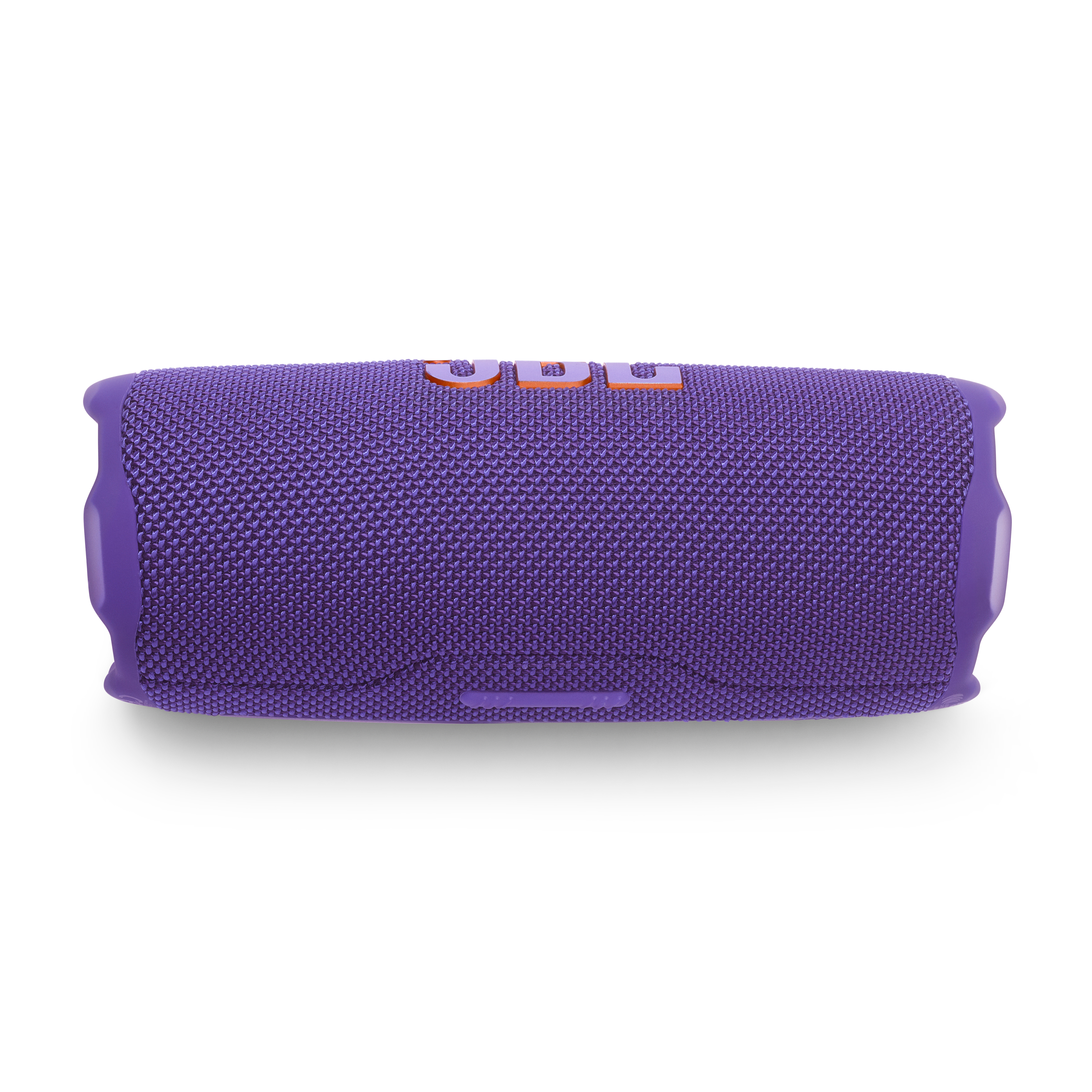 Altoparlante JBL viola. Vista dall'alto. Logo JBL arancione. Sfondo bianco.