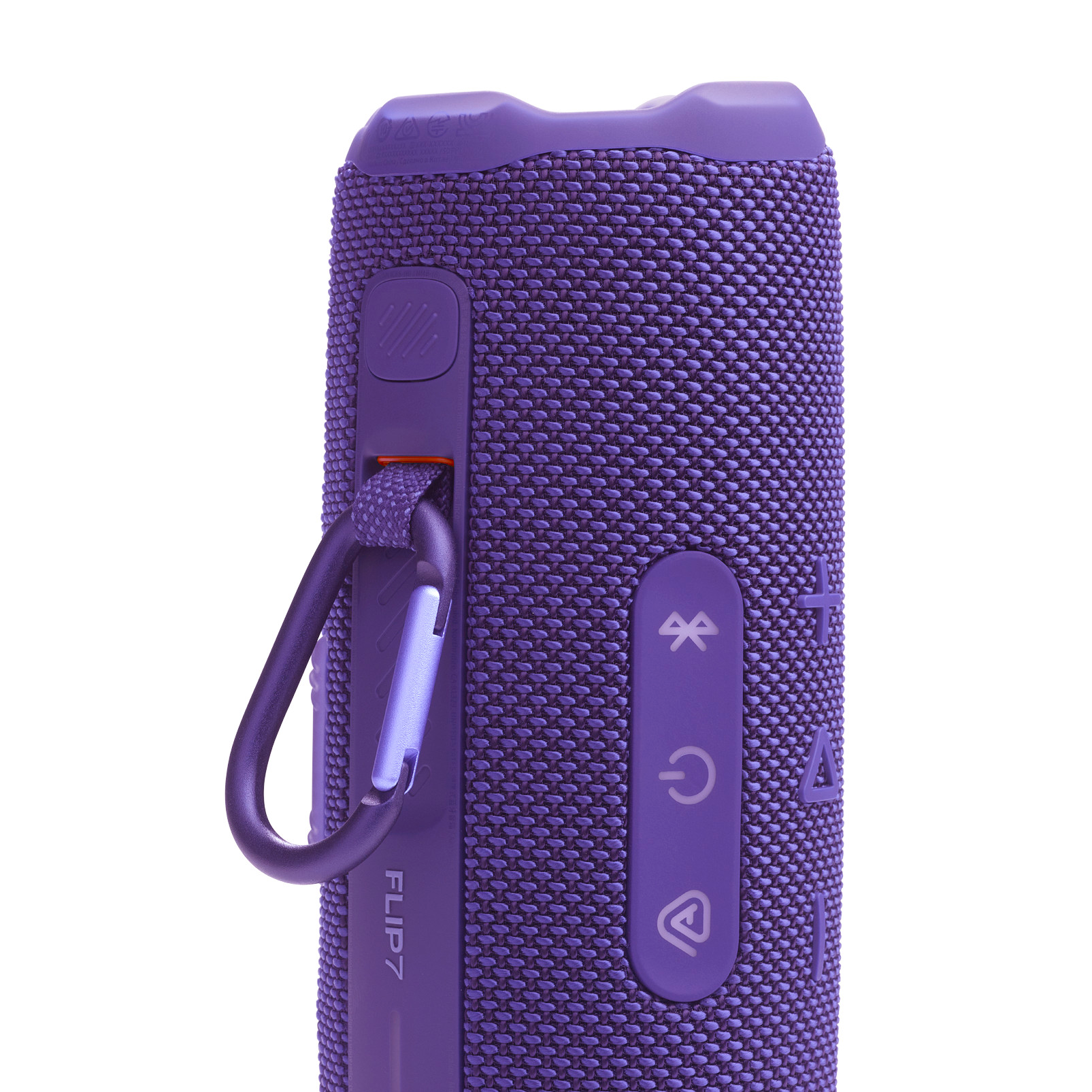 Altoparlante JBL Flip 7 viola con moschettone. Pulsanti e porta visibili. Sfondo bianco.