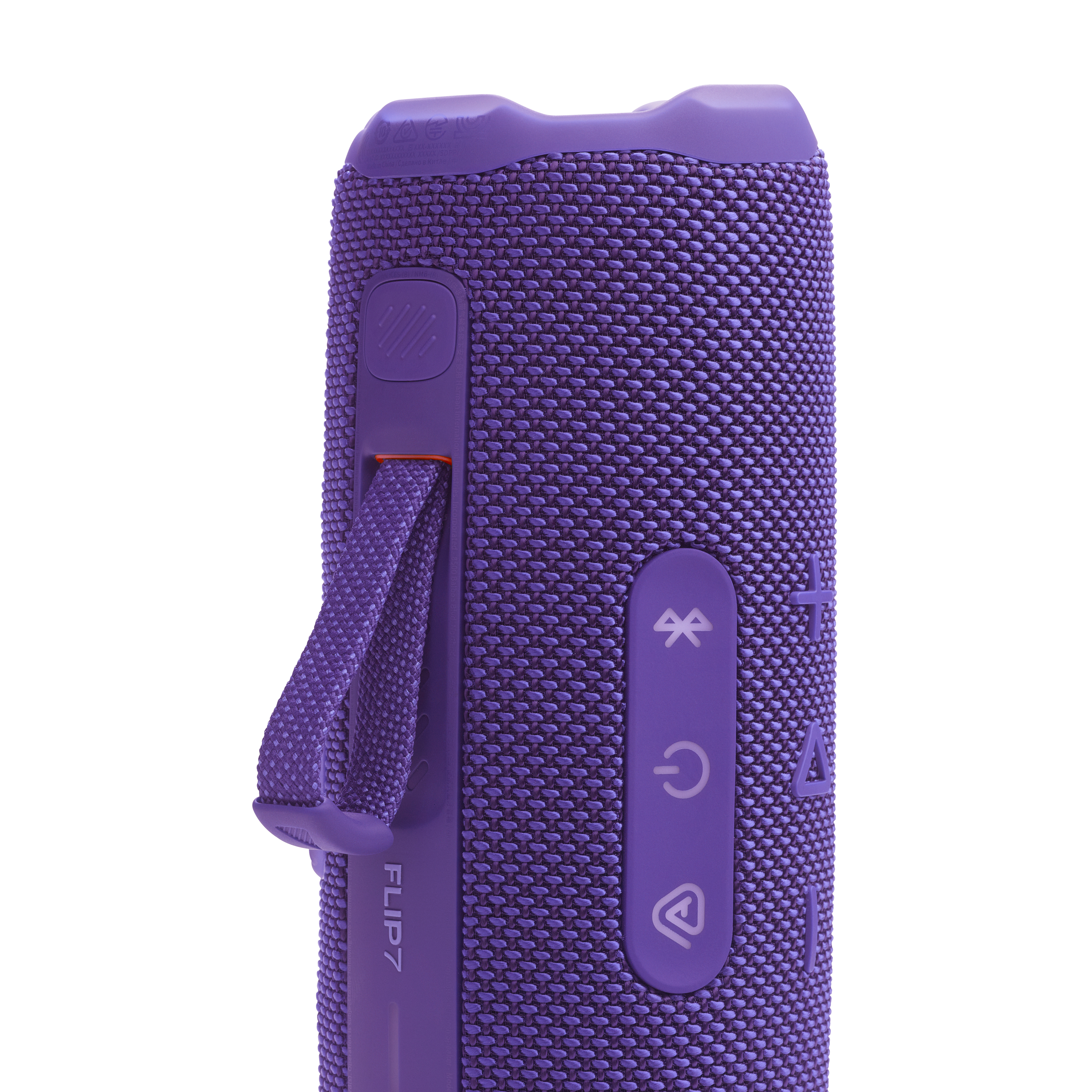 Altoparlante JBL Flip 7 viola. Pulsanti, porta e cinturino visibili. Sfondo bianco.
