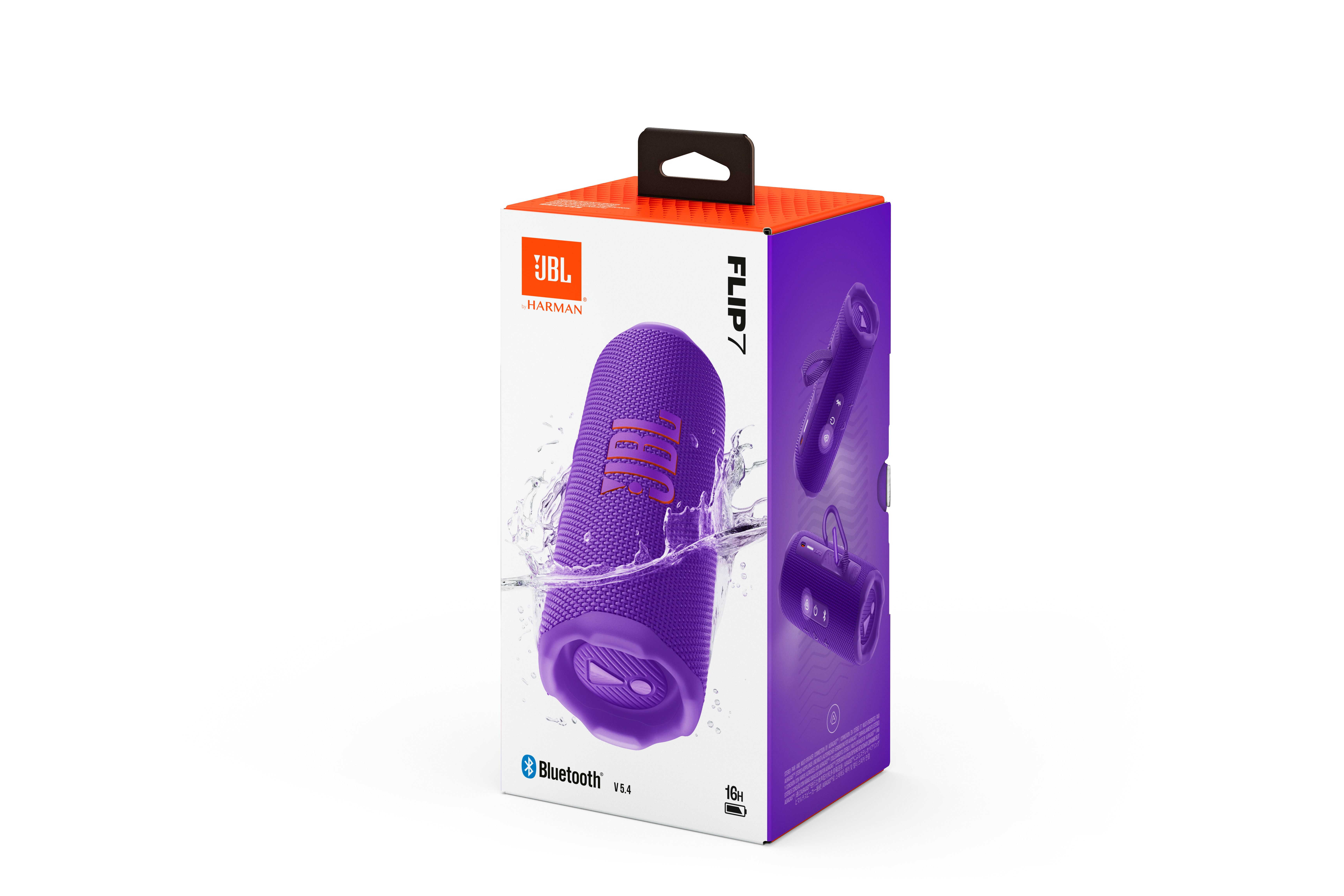 Scatola altoparlante JBL Flip 7. La scatola è viola. Grafica acqua altoparlante. Sfondo bianco.
