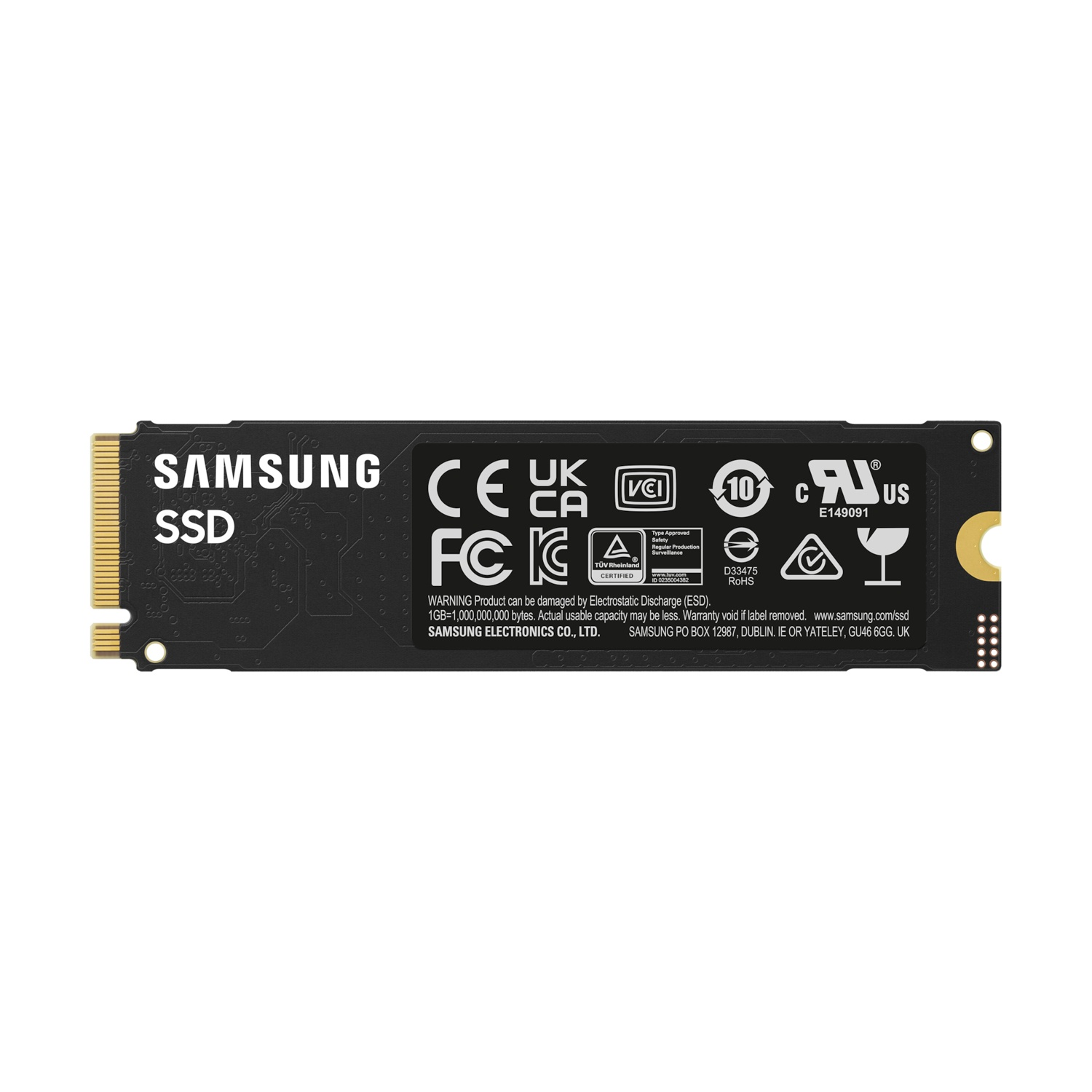 SSD nero con logo e testo Samsung. Sfondo bianco.