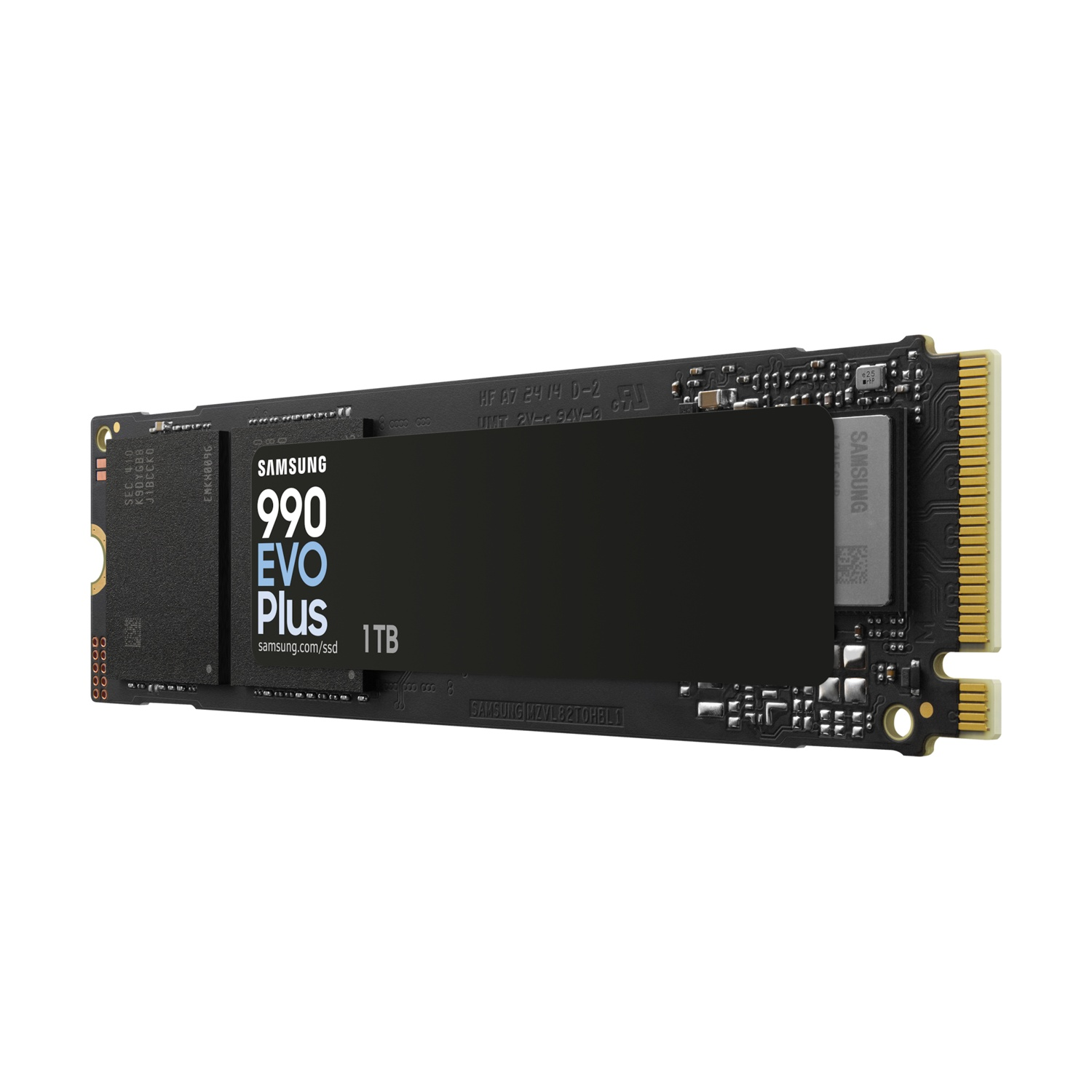 SSD nero con logo e testo Samsung. Sfondo bianco.