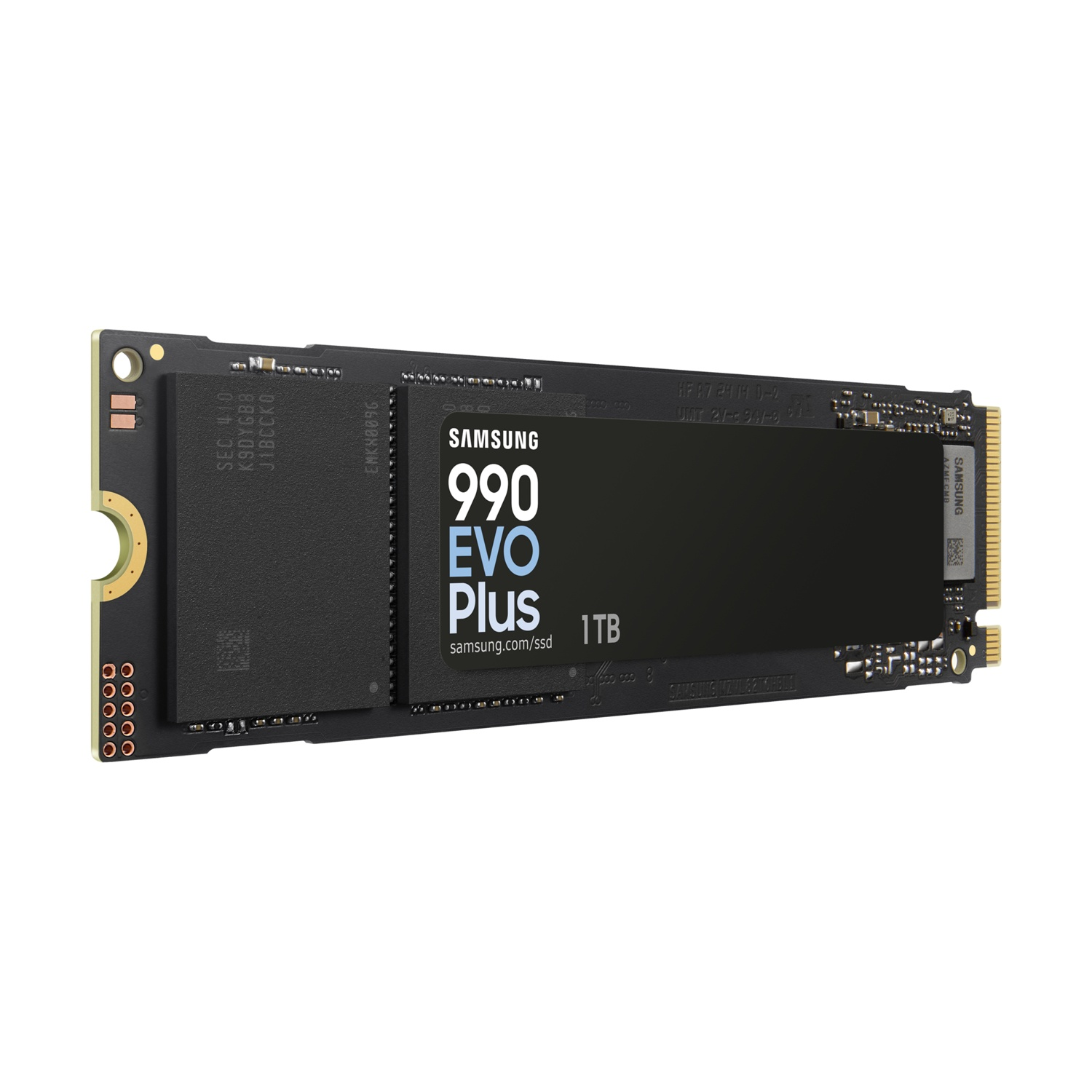 Unità SSD nera con logo e testo Samsung. Sfondo bianco.