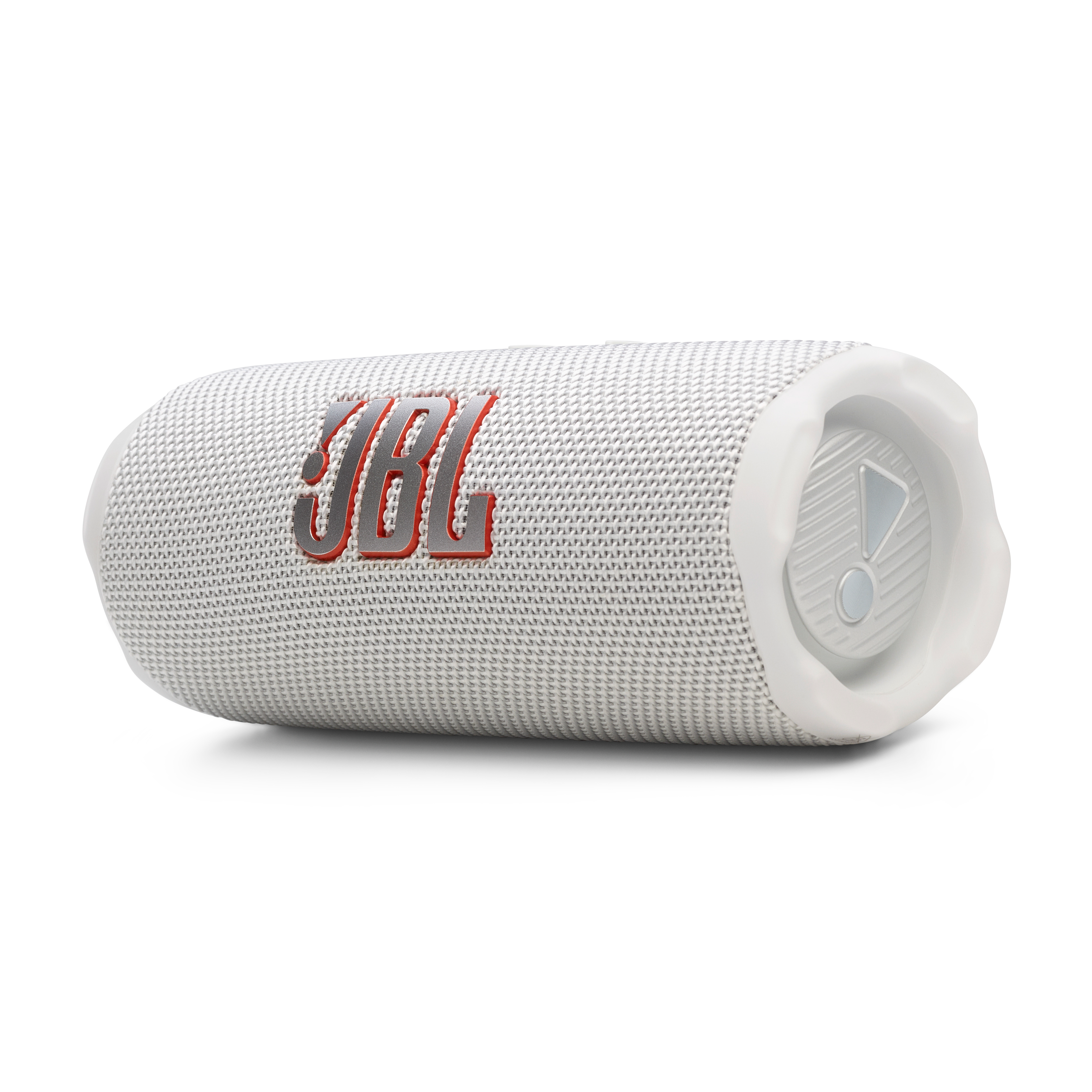 Altoparlante JBL bianco con logo JBL arancione. Vista laterale, estremità bianche, superficie a rete.