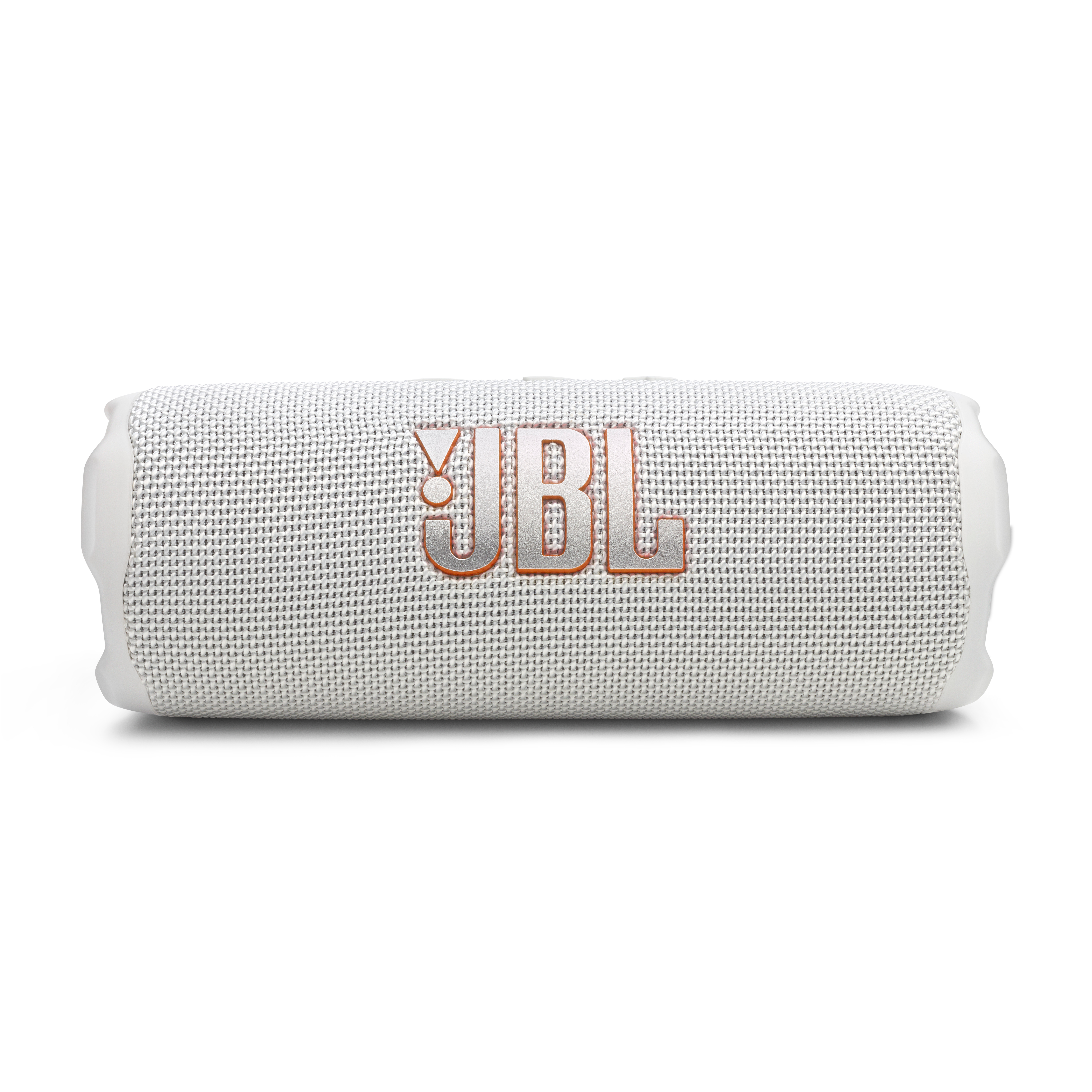 Altoparlante JBL bianco con logo JBL arancione, visto orizzontalmente su sfondo bianco.