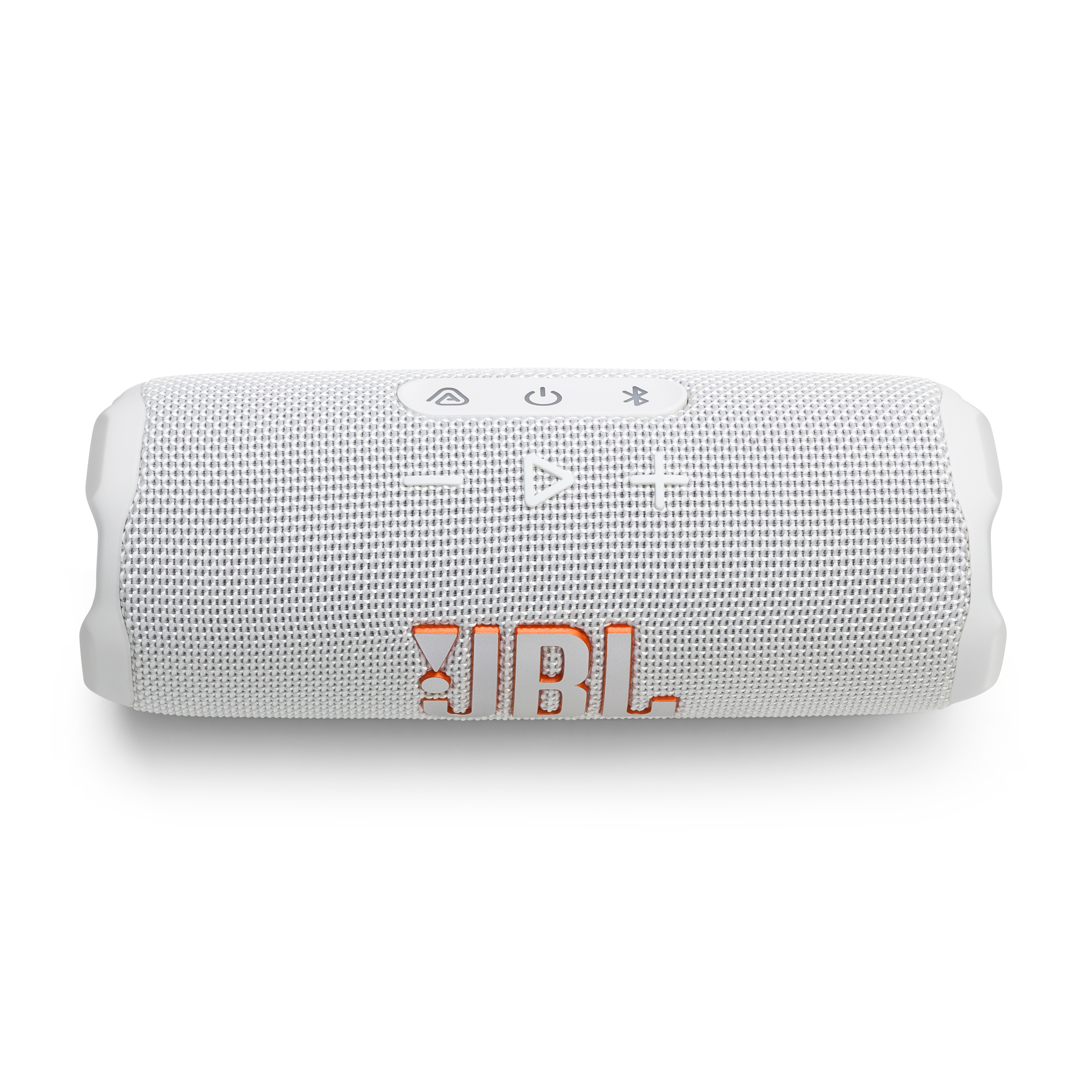 Altoparlante JBL bianco con pulsanti di controllo e logo JBL arancione su sfondo bianco.