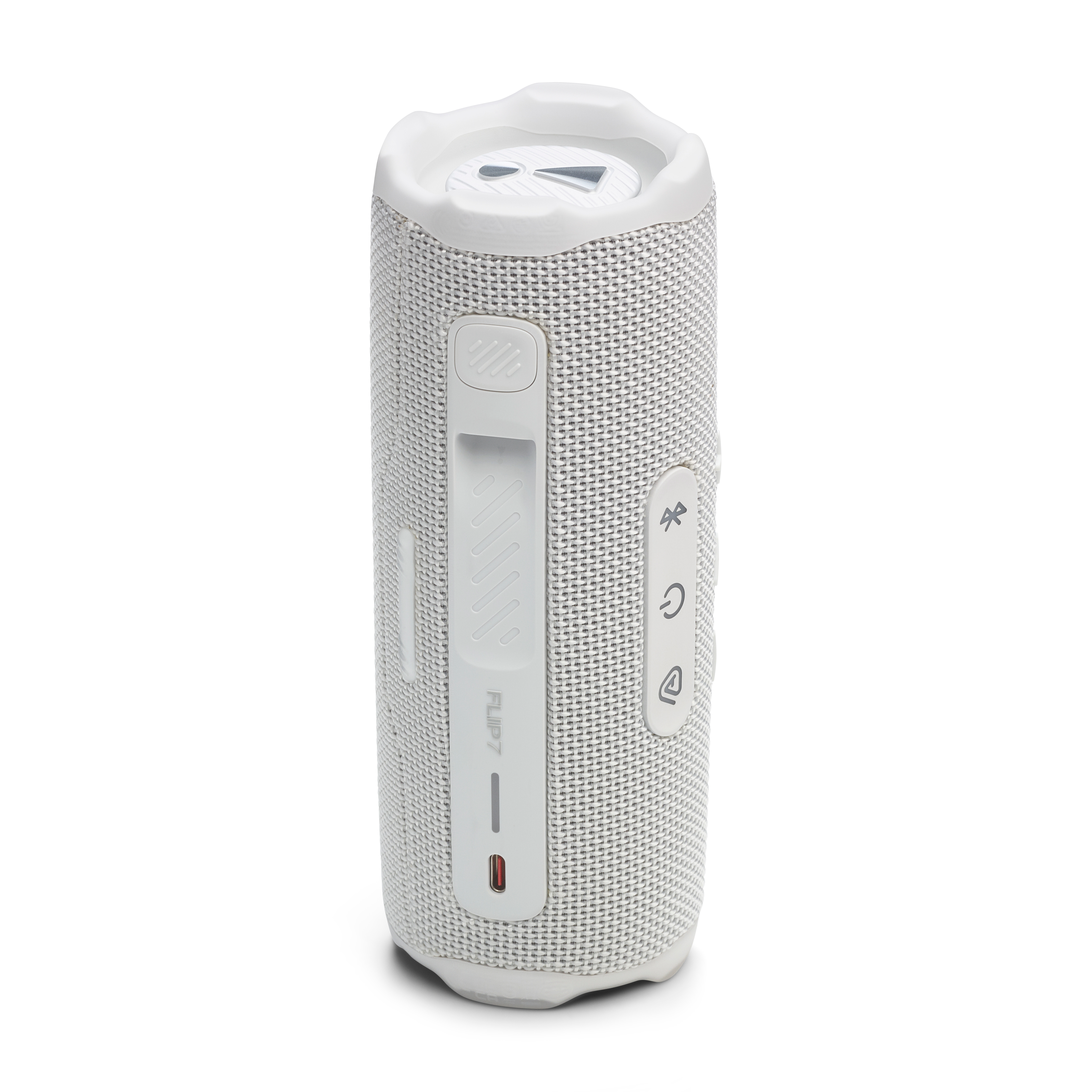 Altoparlante JBL Flip 7 bianco, vista verticale, con controlli laterali, su sfondo bianco.