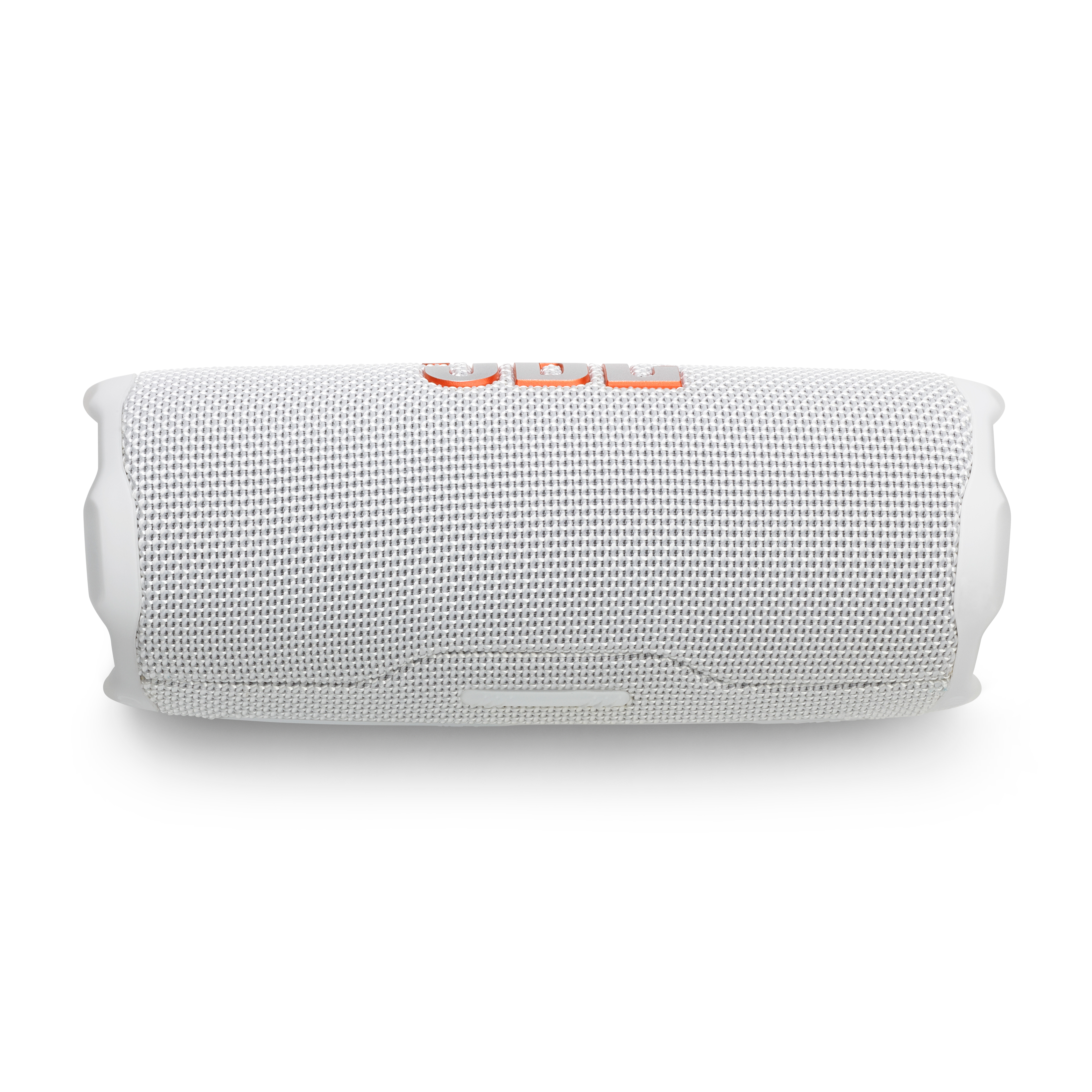 Altoparlante JBL bianco, vista dall'alto, con pulsanti di controllo arancioni, su sfondo bianco.