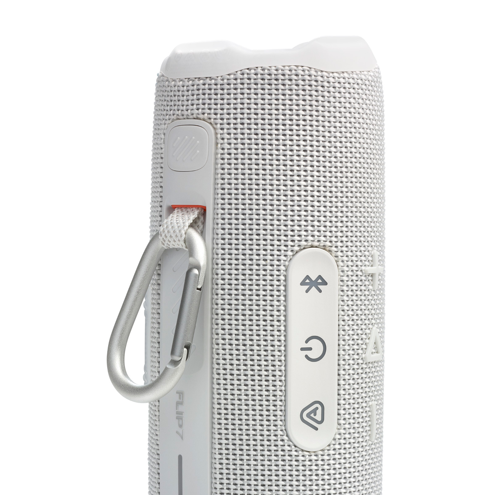 Altoparlante JBL Flip 7 bianco, vista laterale con moschettone, su sfondo bianco.