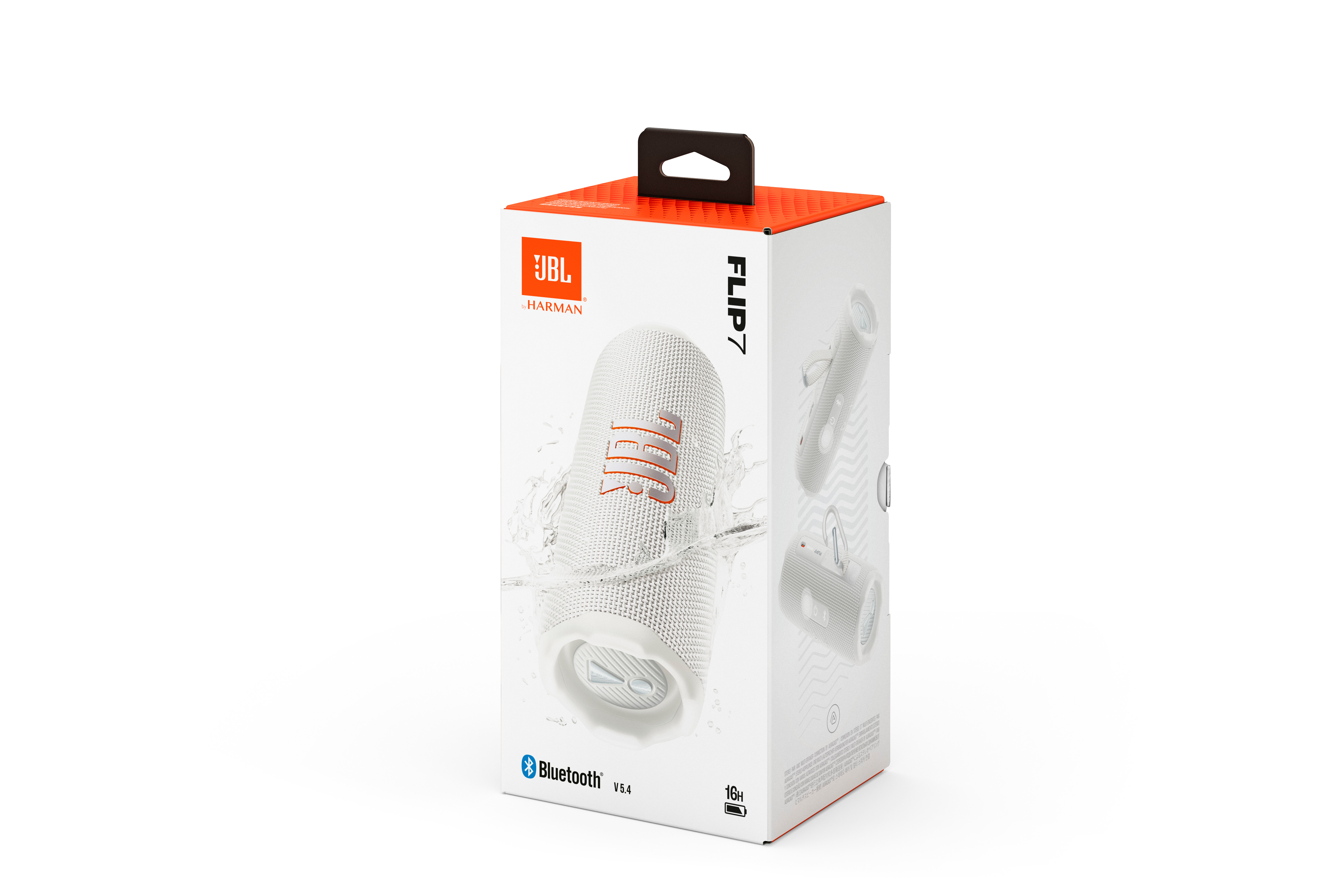Scatola altoparlante JBL Flip 7, bianca con accenti arancioni, grafica con altoparlante sott'acqua.