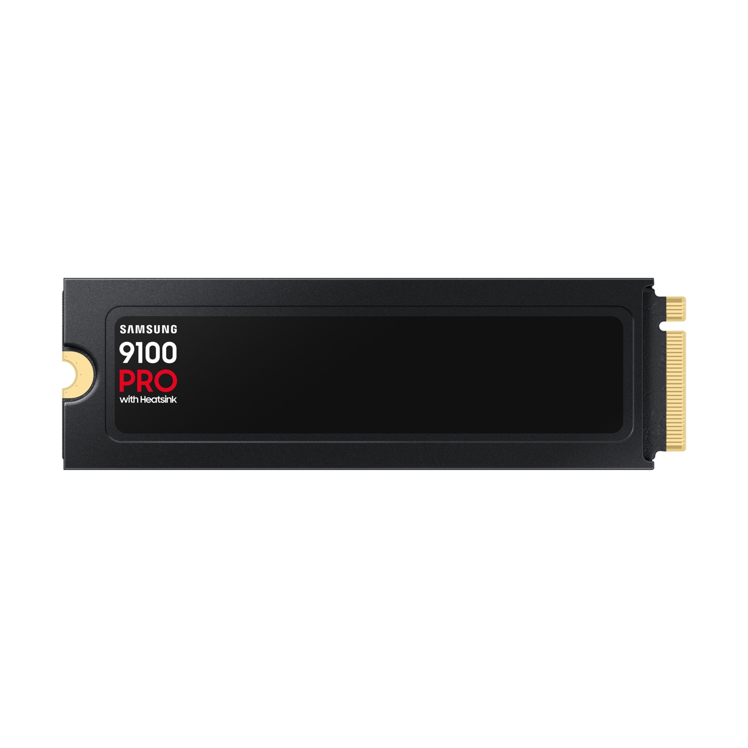 SSD Samsung 9100 PRO nero, posizionato orizzontalmente su sfondo bianco.