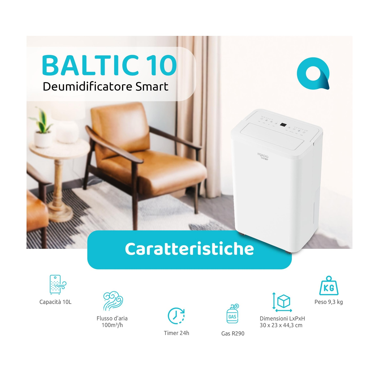 Deumidificatore bianco con dettagli testuali. Le caratteristiche includono capacità 10L, flusso d'aria, timer e gas R290.