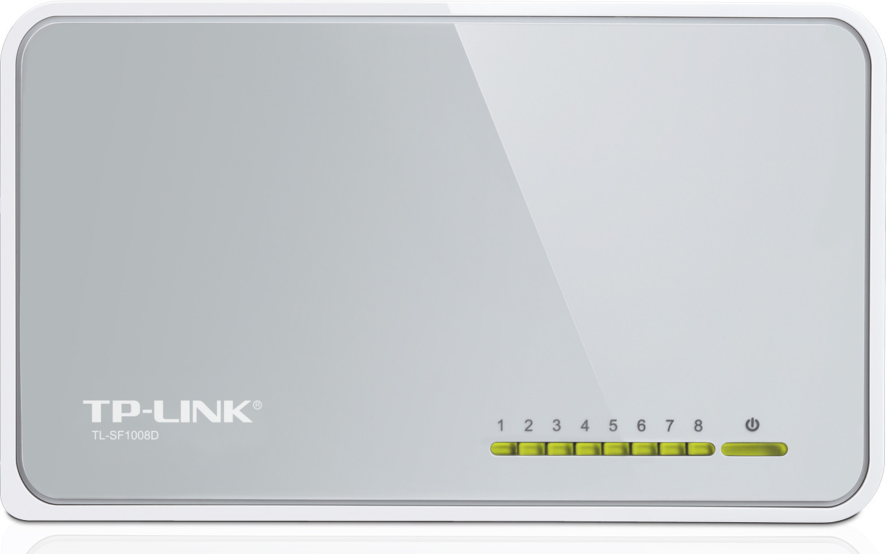 Biały przełącznik TP-Link. Prostokątny z 8 ponumerowanymi portami i diodą zasilania. Szara górna powierzchnia.