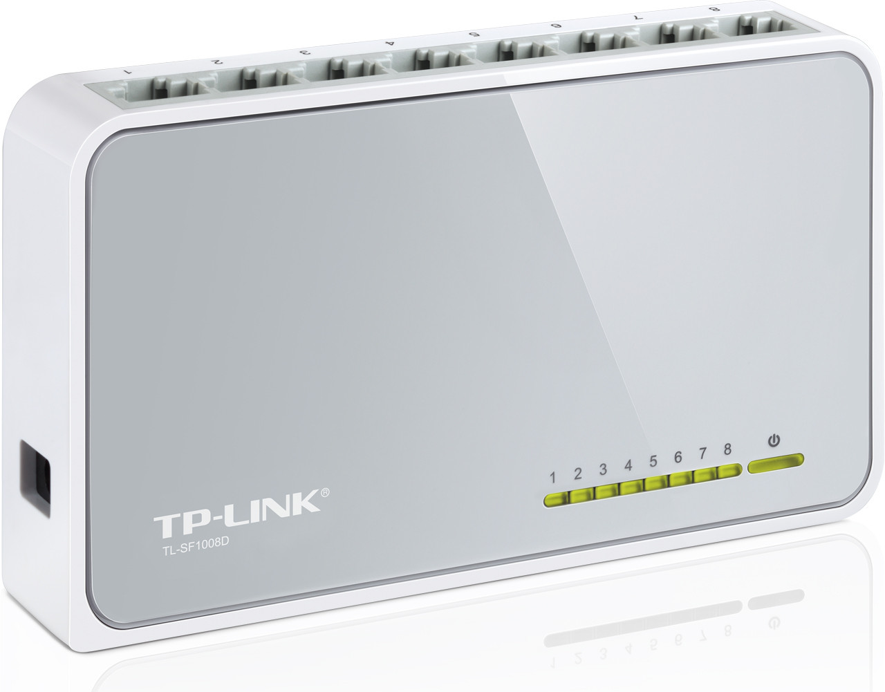 Biały przełącznik TP-Link. Prostokątny z 8 portami i diodą zasilania. Widoczne tylne porty.