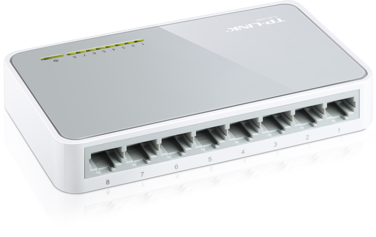 Biały przełącznik TP-Link. Prostokątny z 8 portami i diodą zasilania. Widoczne tylne porty.