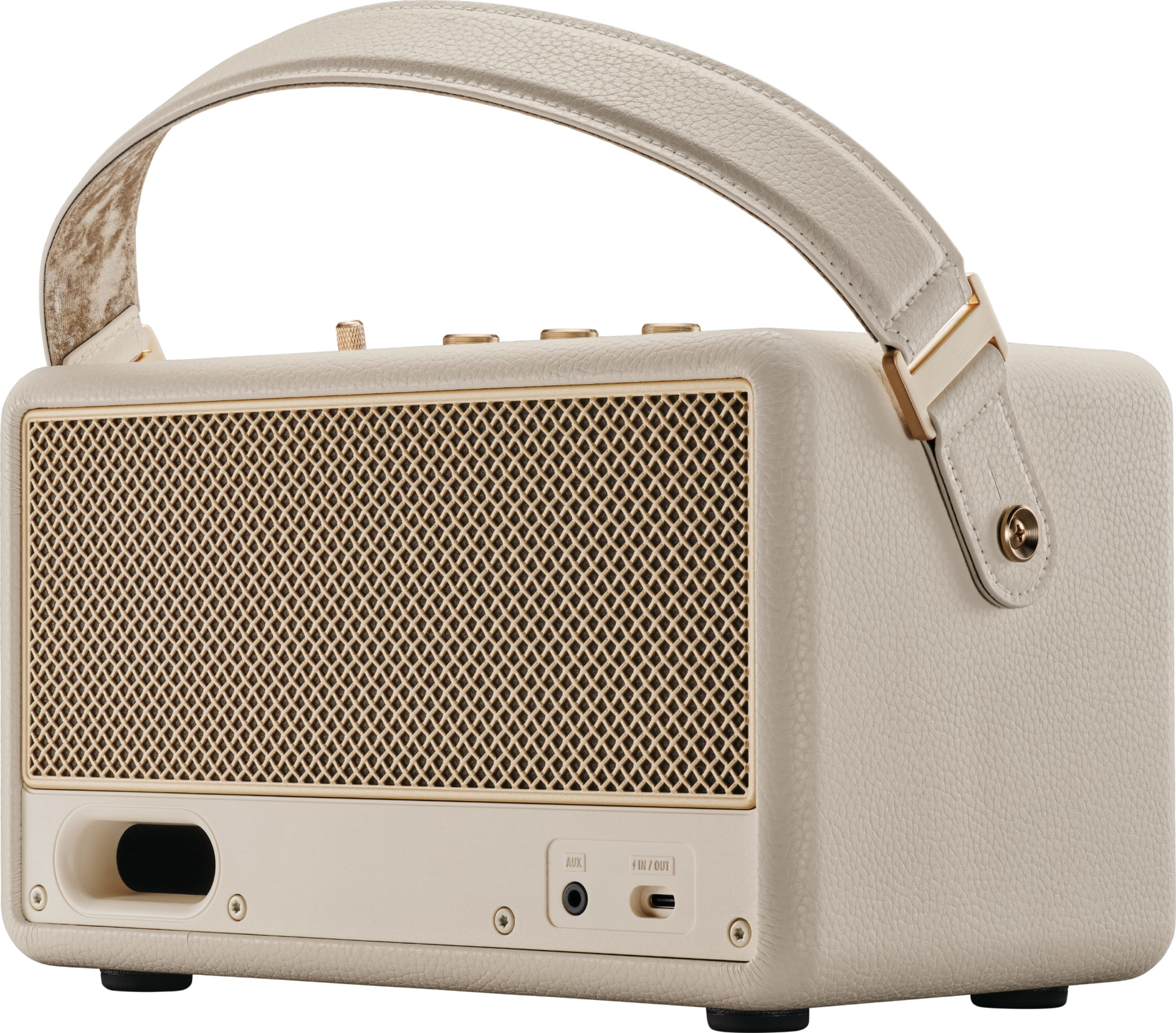 Cremefarbener Lautsprecher mit Mesh-Front und Griff. Goldene Akzente und Marshall-Logo. Seitenansicht.
