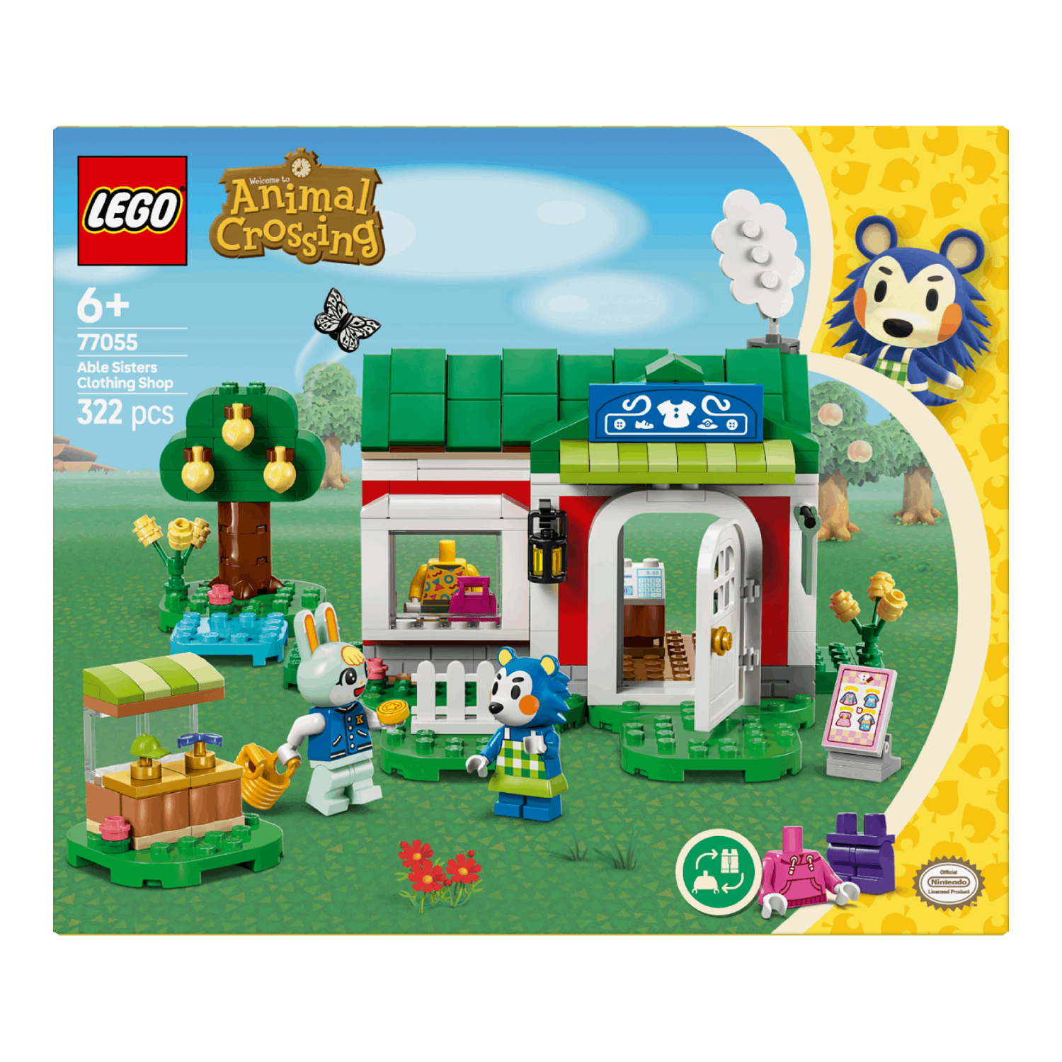 LEGO Animal Crossing set box.  Shop scene with figures, tree, and well. Background is a green field.