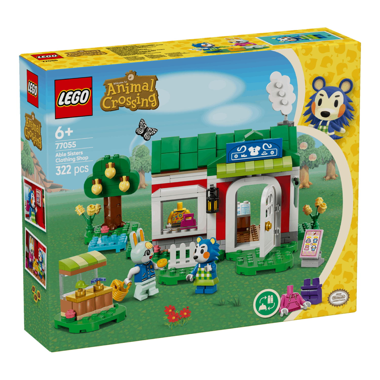 LEGO Animal Crossing box, angled view. Shop scene with figures, tree, well. Green field background.