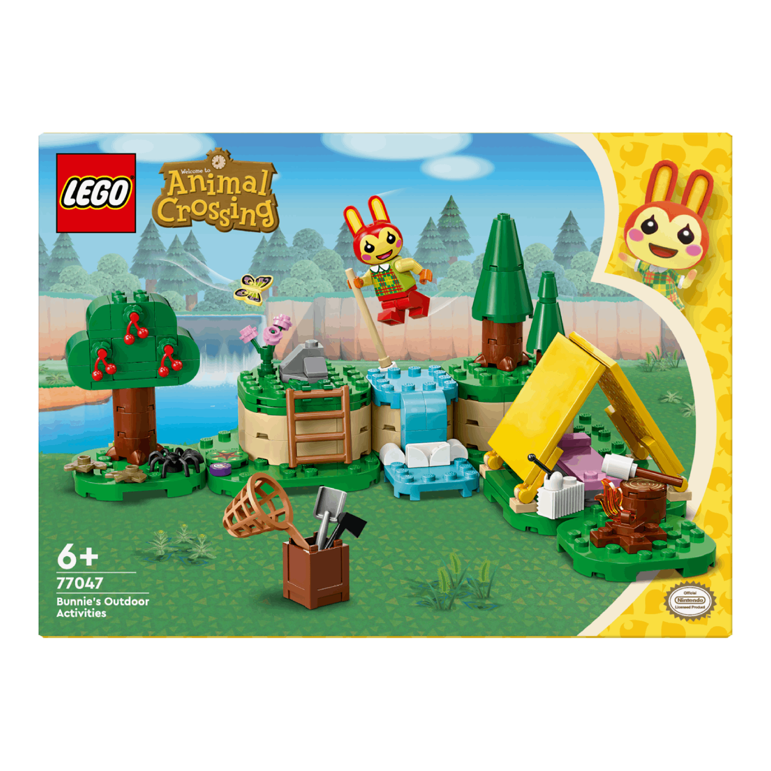 LEGO Animal Crossing box set: Camping scene with a waterfall, tent, and a bunny figure.