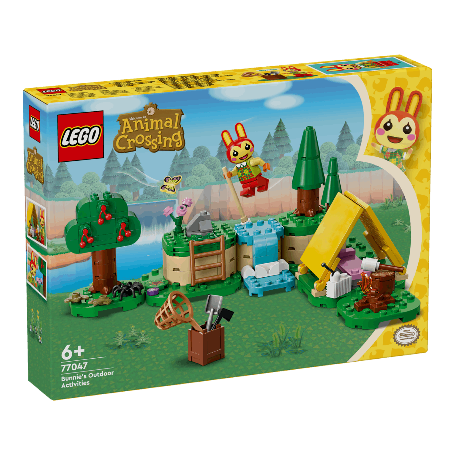 LEGO Animal Crossing box set: Camping scene with a waterfall, tent, and a bunny figure.
