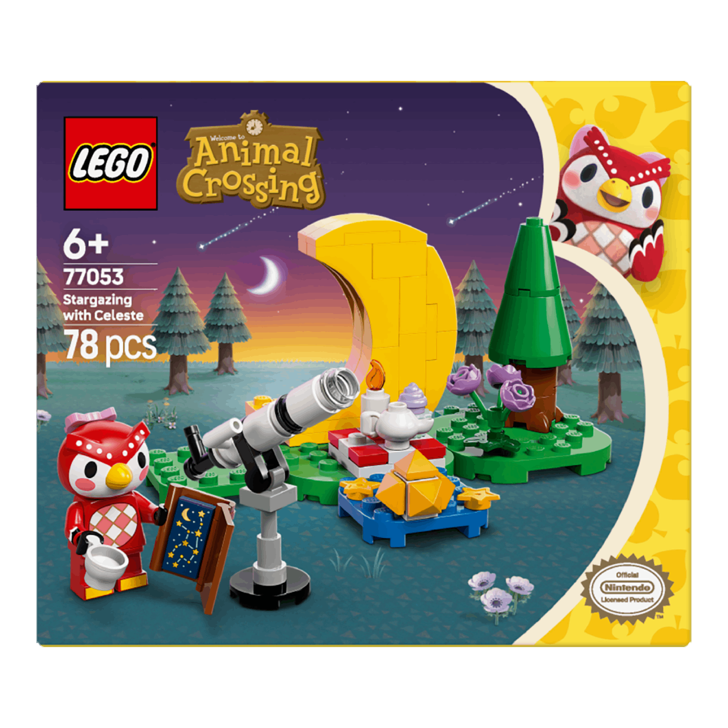 LEGO Animal Crossing box set: Stargazing scene with Celeste, telescope, and a moon.