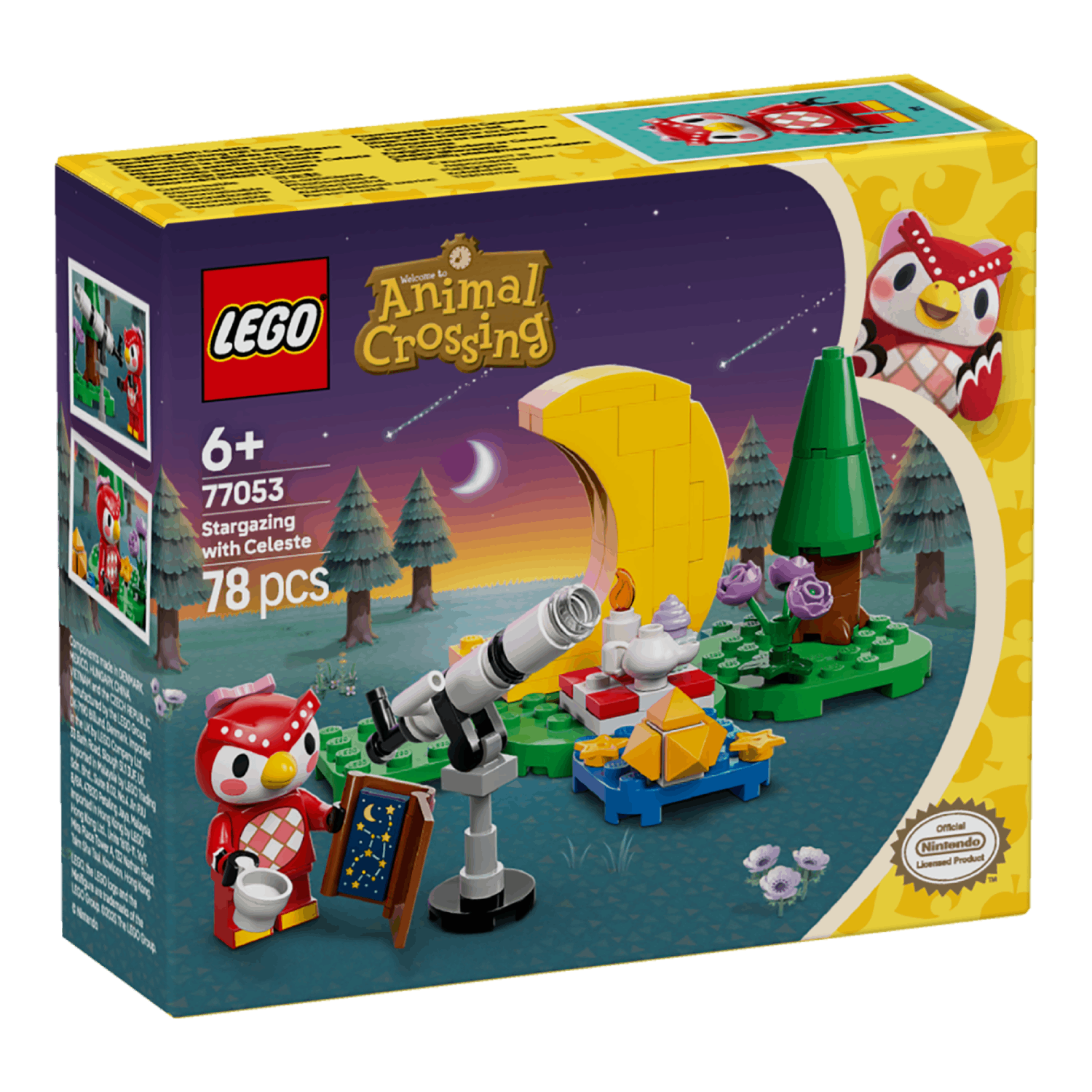 LEGO Animal Crossing box set: Stargazing scene with Celeste, telescope, and a moon.