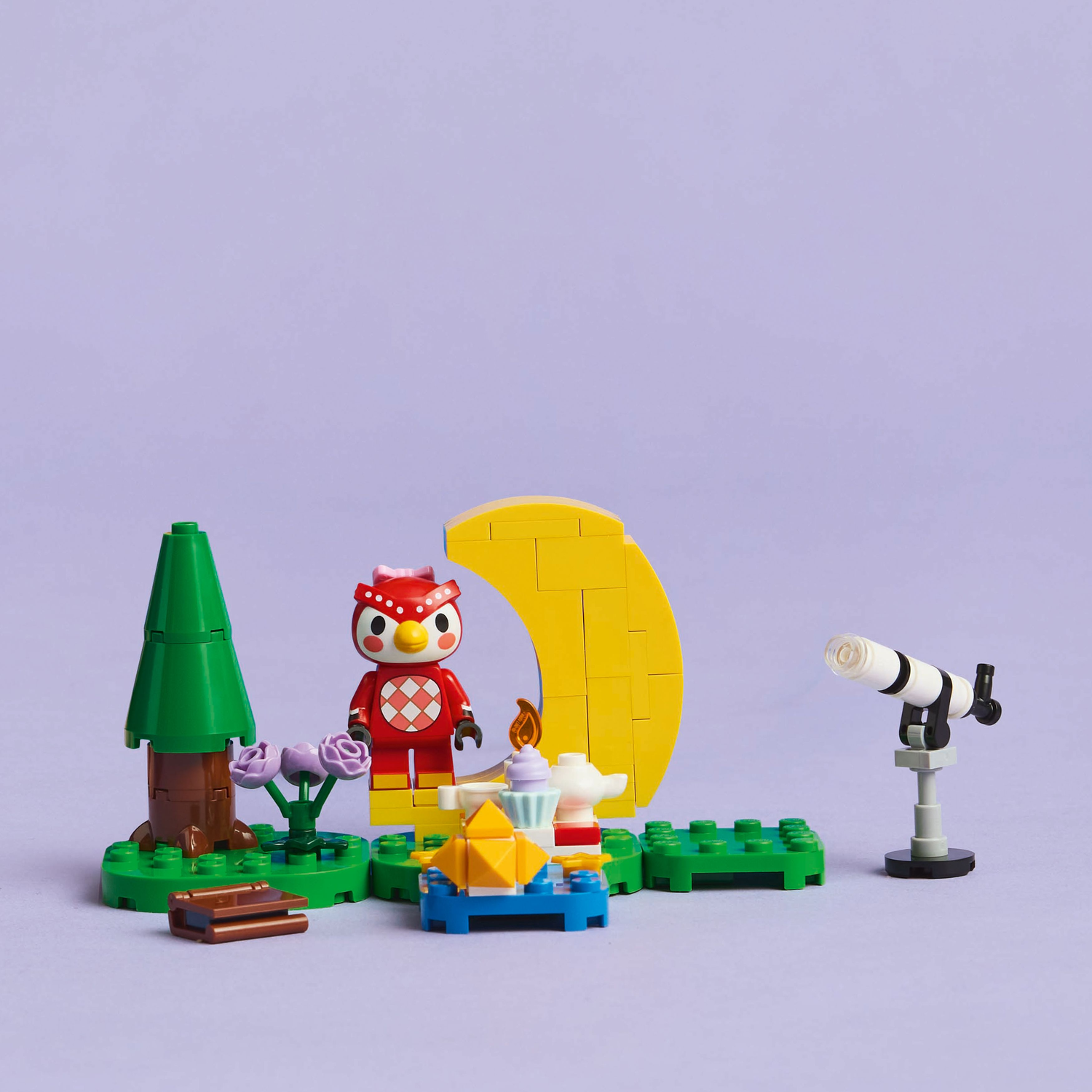 LEGO Animal Crossing set: Stargazing scene with Celeste figure, a moon, and a telescope.