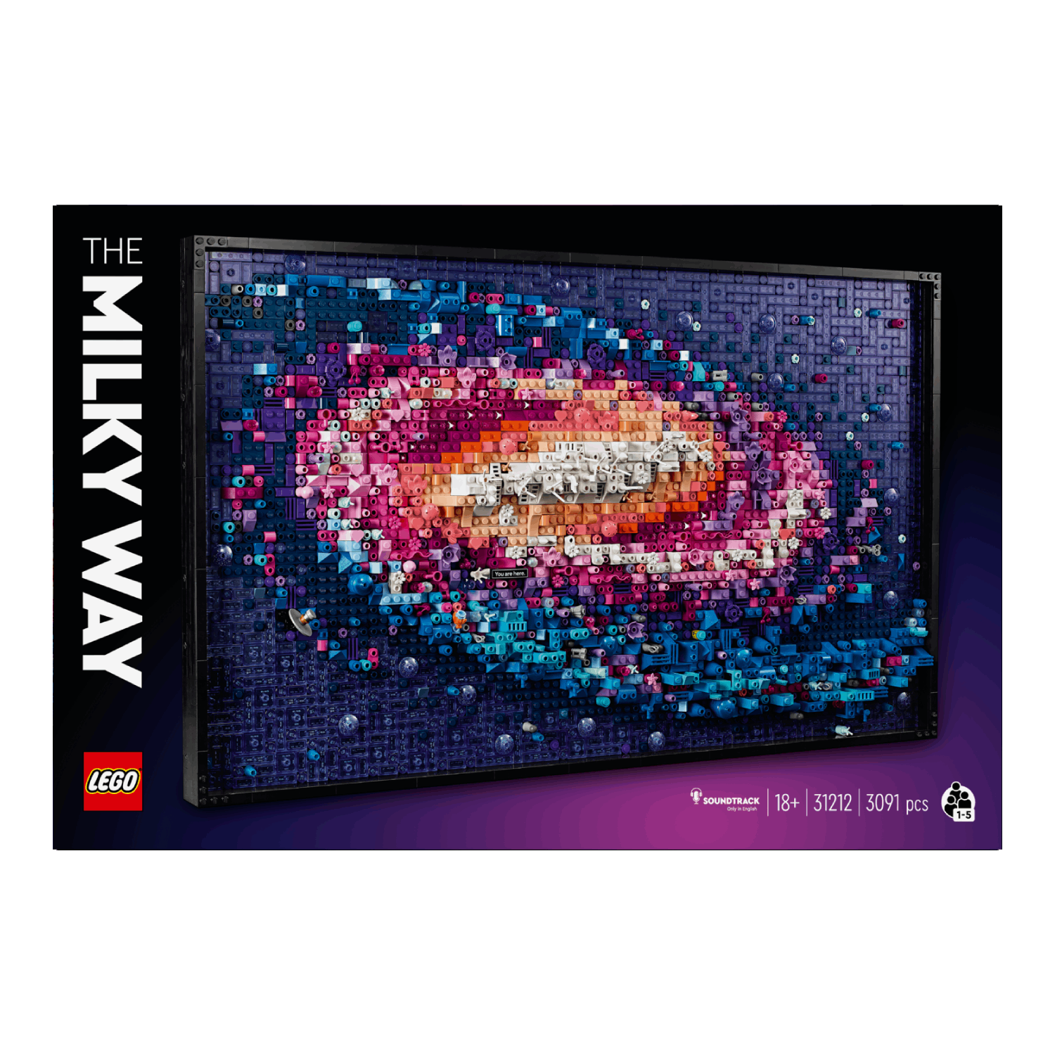 Doos van een Lego Melkweg-set. Het Lego-kunstwerk staat op de doos.