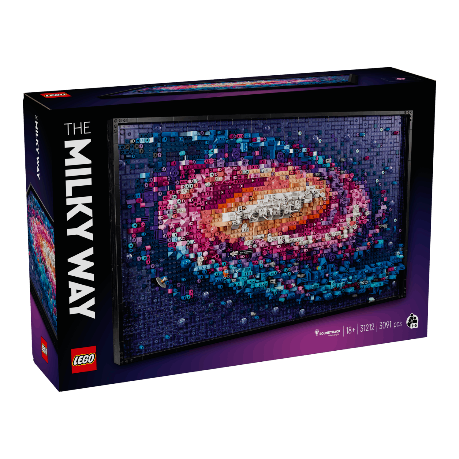 Lego Melkweg-set in doos. Het Lego-kunstwerk wordt op de doos weergegeven.