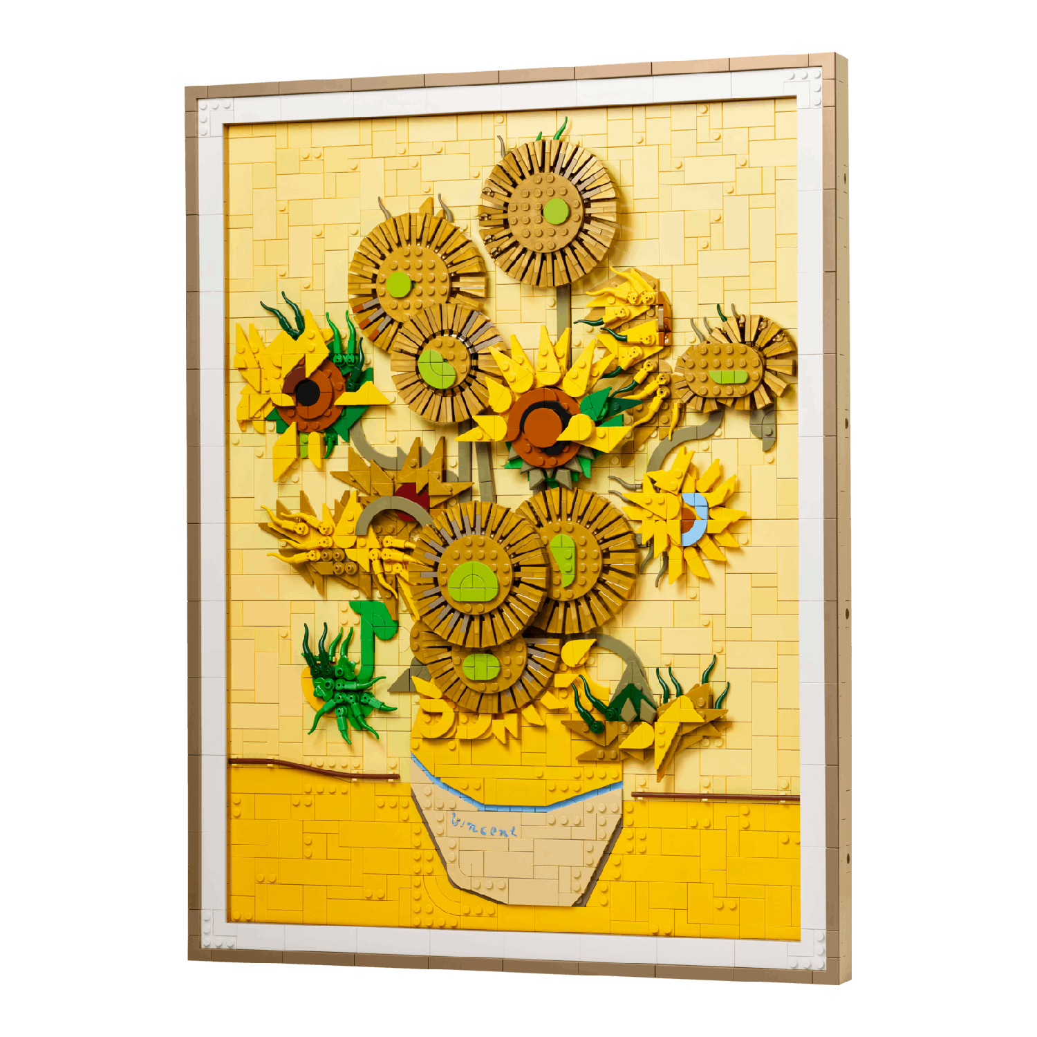 LEGO-mozaïek van Van Goghs Zonnebloemen, ingelijst, zonnebloemen in een vaas, gele achtergrond.