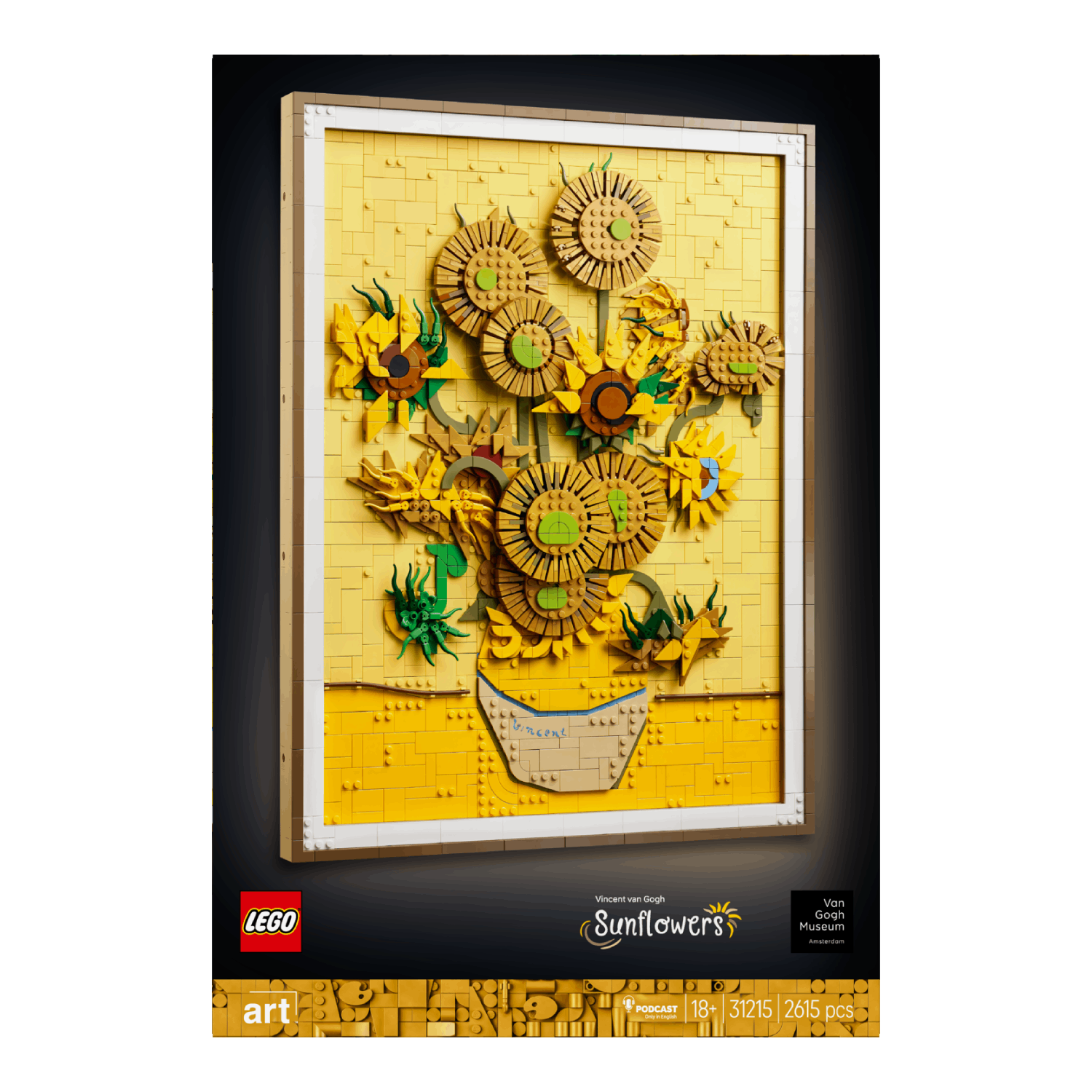 LEGO-mozaïek van Van Goghs Zonnebloemen, ingelijst, op zwarte achtergrond, met branding.