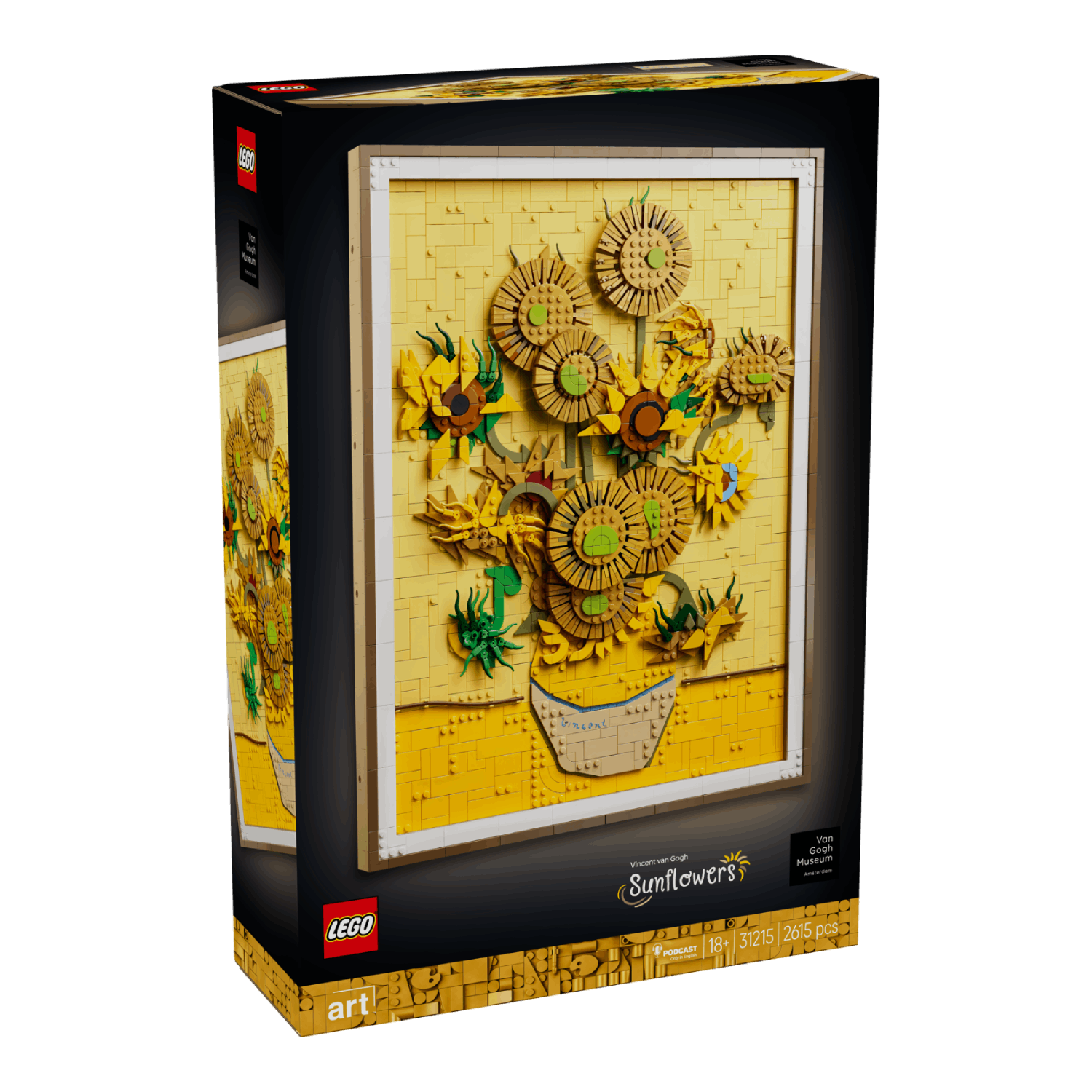 LEGO-doos van Van Goghs Zonnebloemen-mozaïek, ingelijst, met zwarte achtergrond en branding.