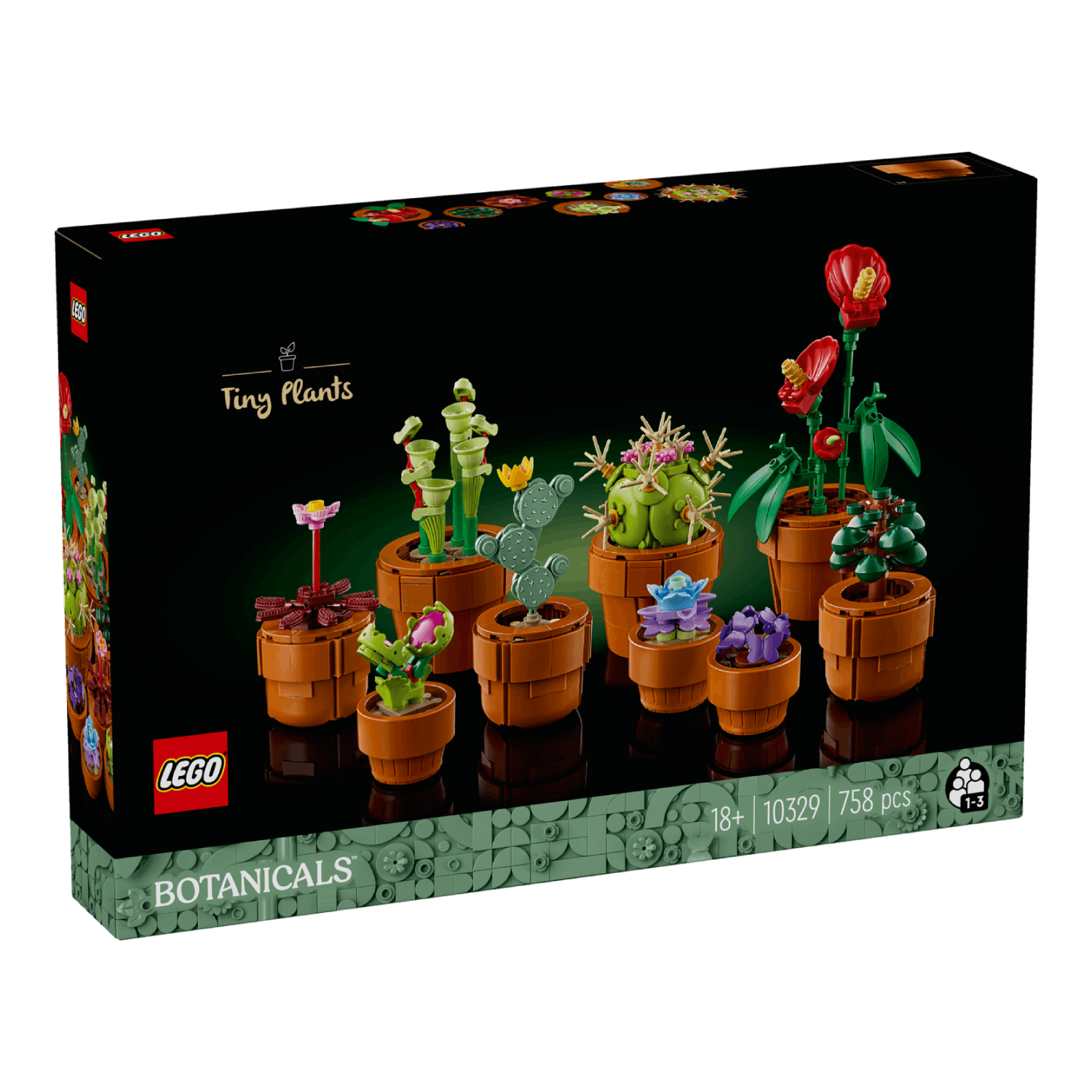 LEGO-doos van de kleine planten set, met het LEGO-logo en branding, op een donkere achtergrond.