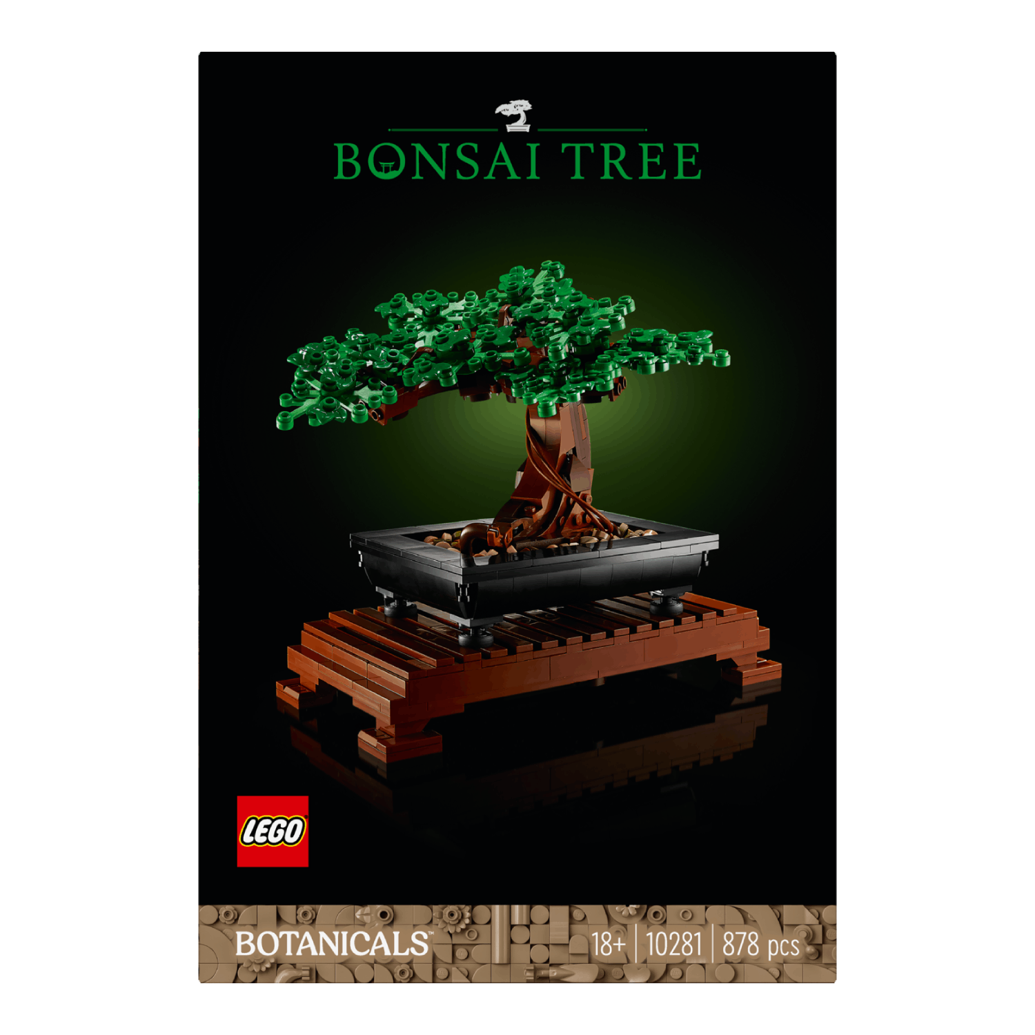 Lego bonsai boom set doos. De doos toont een lego bonsai boom op een houten standaard.