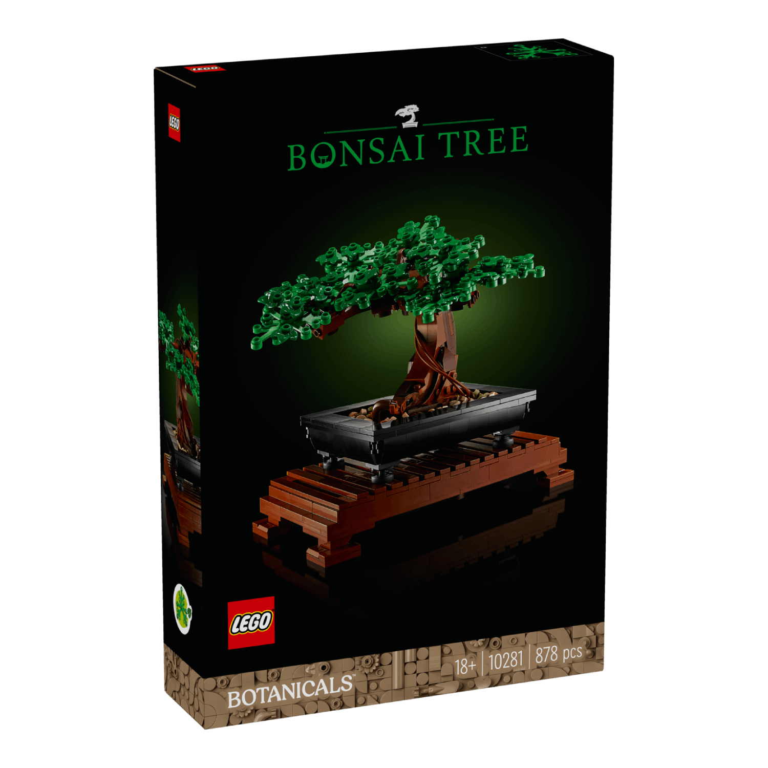 Lego bonsai boom set doos. De doos toont een lego bonsai boom op een houten standaard, donkere achtergrond.