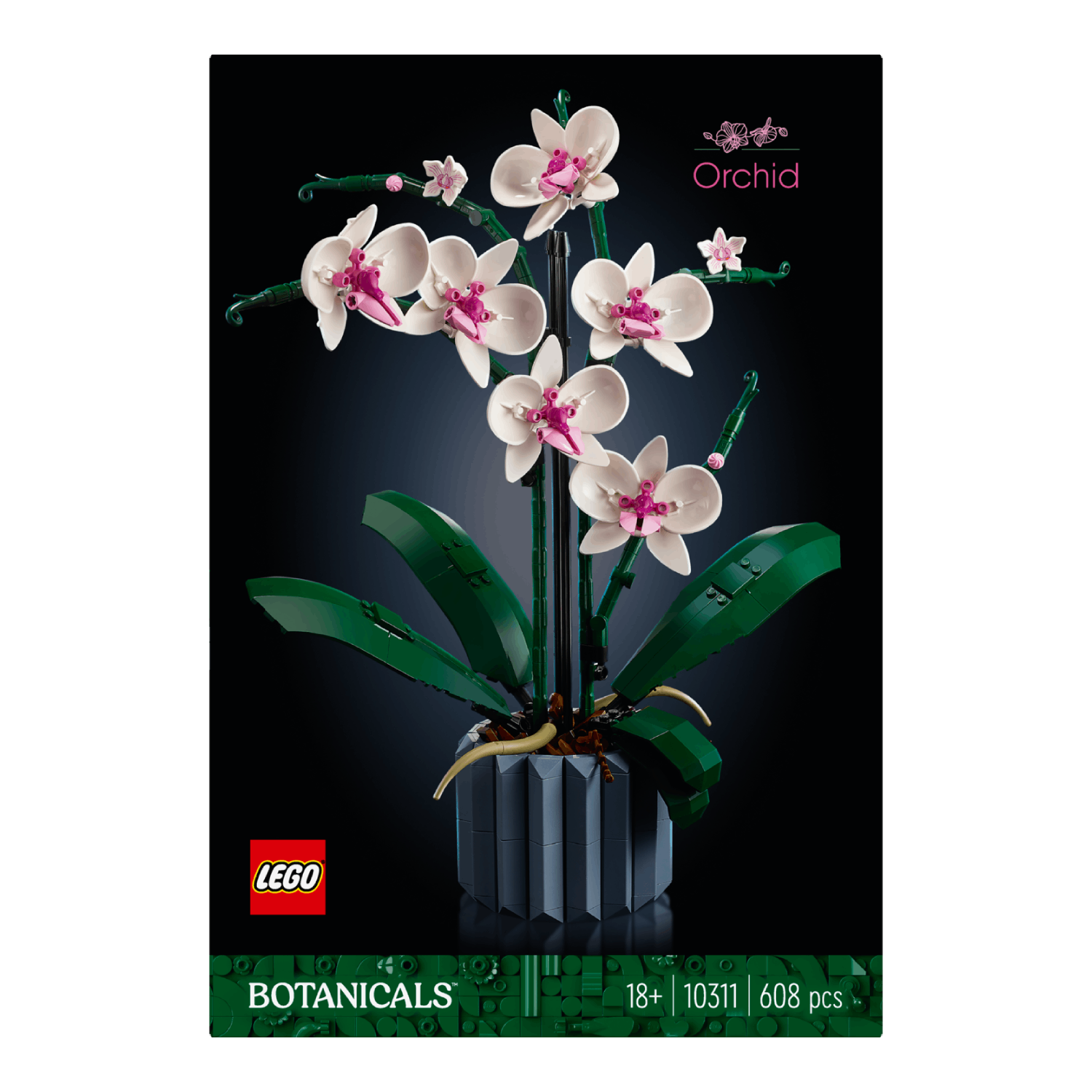 Lego orchid set box. A lego orchid in a blue pot on a black background.