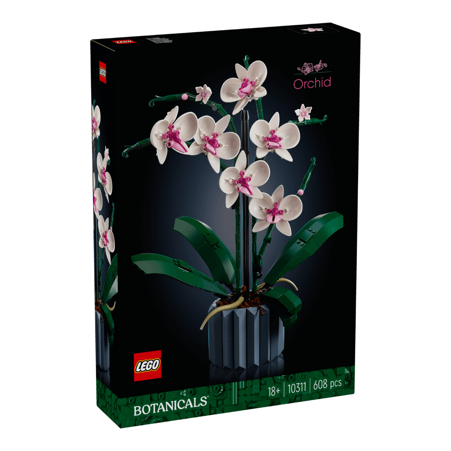 Lego orchid set box. A lego orchid in a blue pot on a box.
