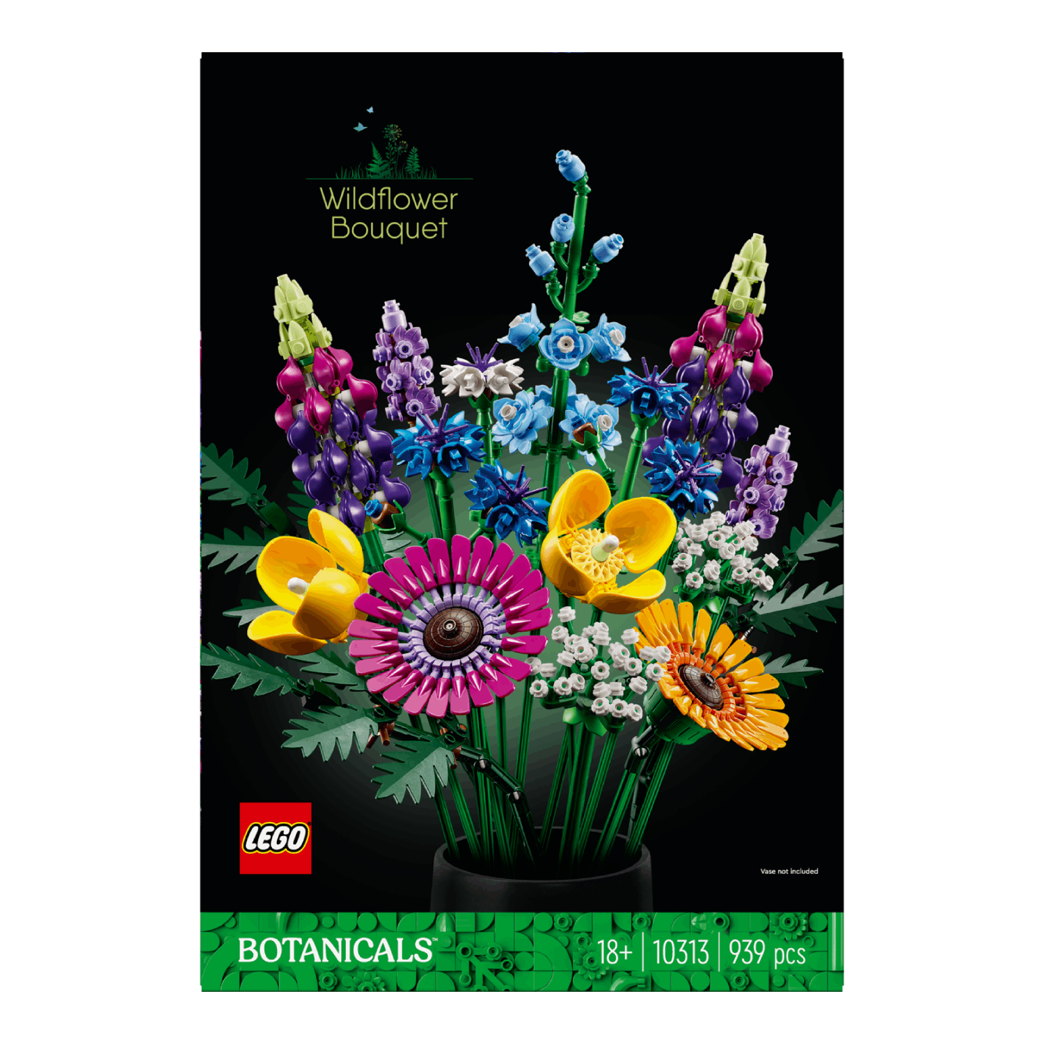 LEGO Wildflower Bouquet. Kleurrijke bloemen van bakstenen in een vaas met zwarte achtergrond. Groene botanicals.