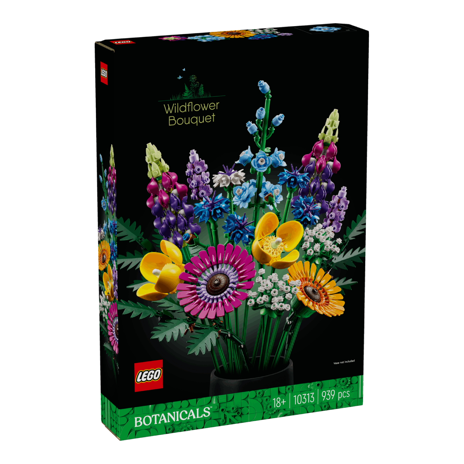 LEGO Wildflower Bouquet doos. De doos toont bloemen van bakstenen in een vaas. Zwarte achtergrond. Groene details.