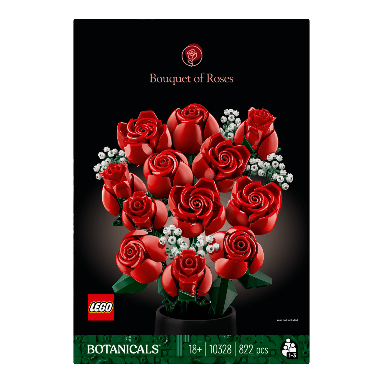LEGO Bouquet of Roses doos. Rode rozen en witte gipskruid in een vaas. Zwarte achtergrond. Groene details.