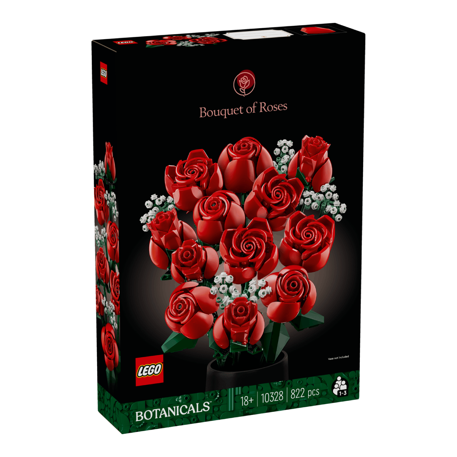 LEGO Bouquet of Roses doos. Rode rozen in een vaas. Zwarte achtergrond. Groene details. De doos is schuin.