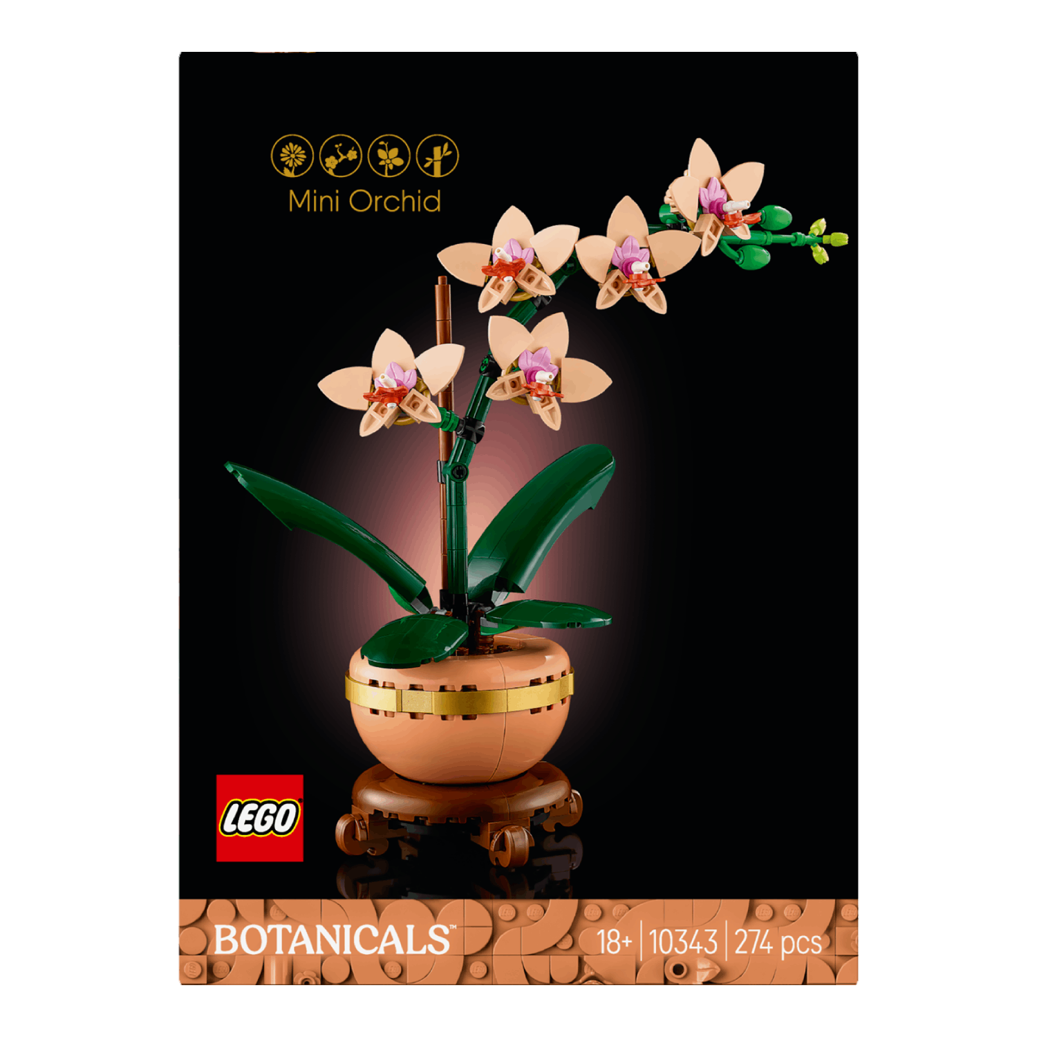 Lego Mini Orchid with beige flowers, green leaves, in a brown pot, on a black background. The Lego logo is visible.