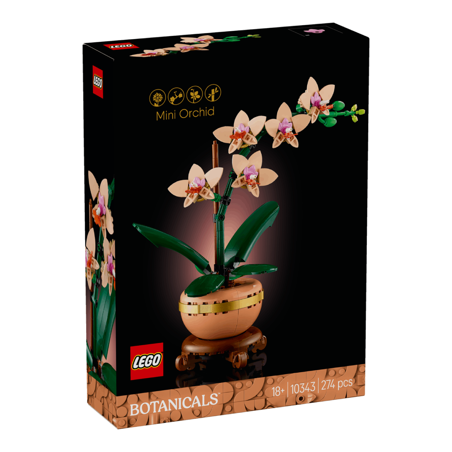 Lego Mini Orchid box. The box shows an orchid in a pot. Lego logo at the top left and Botanicals at the bottom.