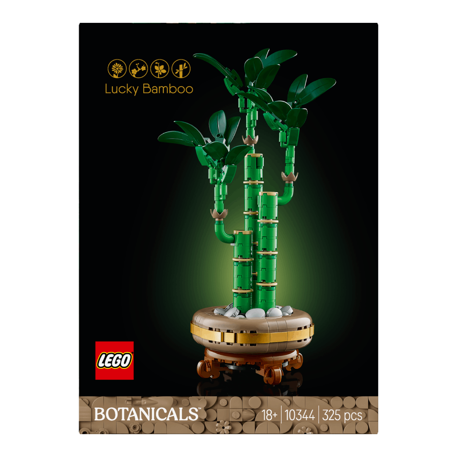 Lego Lucky Bamboo box, showing the plant in a pot. The background is black with the Lego logo at the bottom.